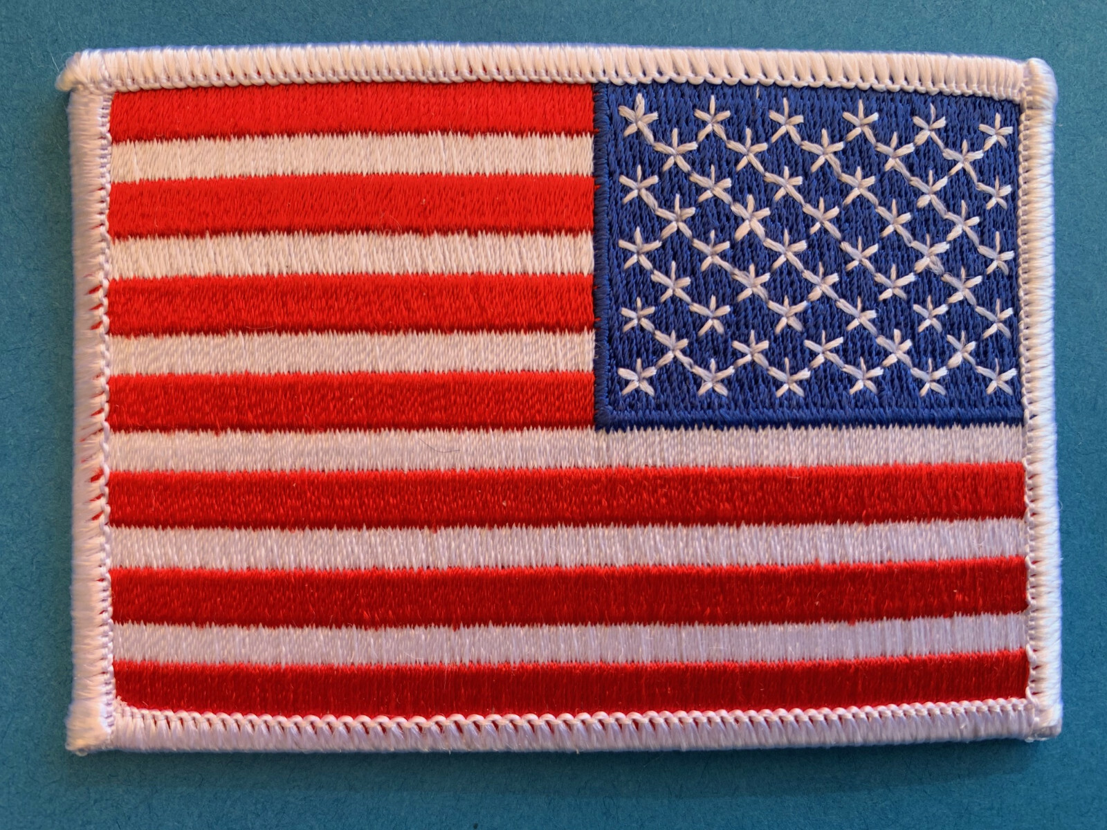 REVERSE USA AMERICAN FLAG PATCH IRON-ON SEW-ON WHITE BORDER (3½ x 2¼”)
