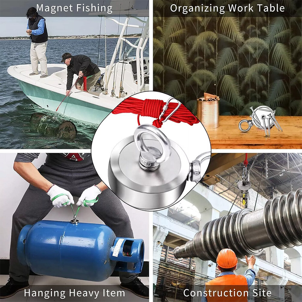 2000 LBS Strong Fishing Magnet Kit Double Sided Pull Force 20m Rope Carabiner