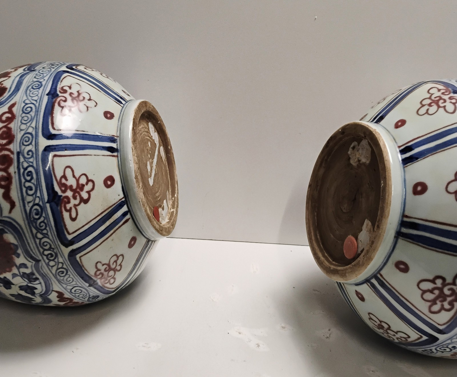 PAIR 20th Century Chinese Blue Copper Red & White Hand Painted Garlic Vase 20"
