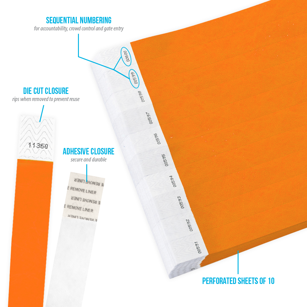3/4" Tyvek Wristbands Neon Orange-100 Count