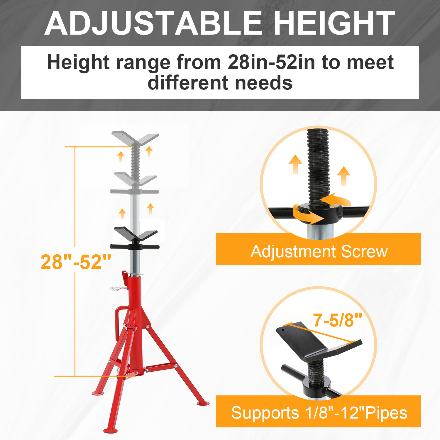 V-Head Pipe Stand Folding Tripod Jack 28"-52" Height 12" Pipe 2500LB Steel Red