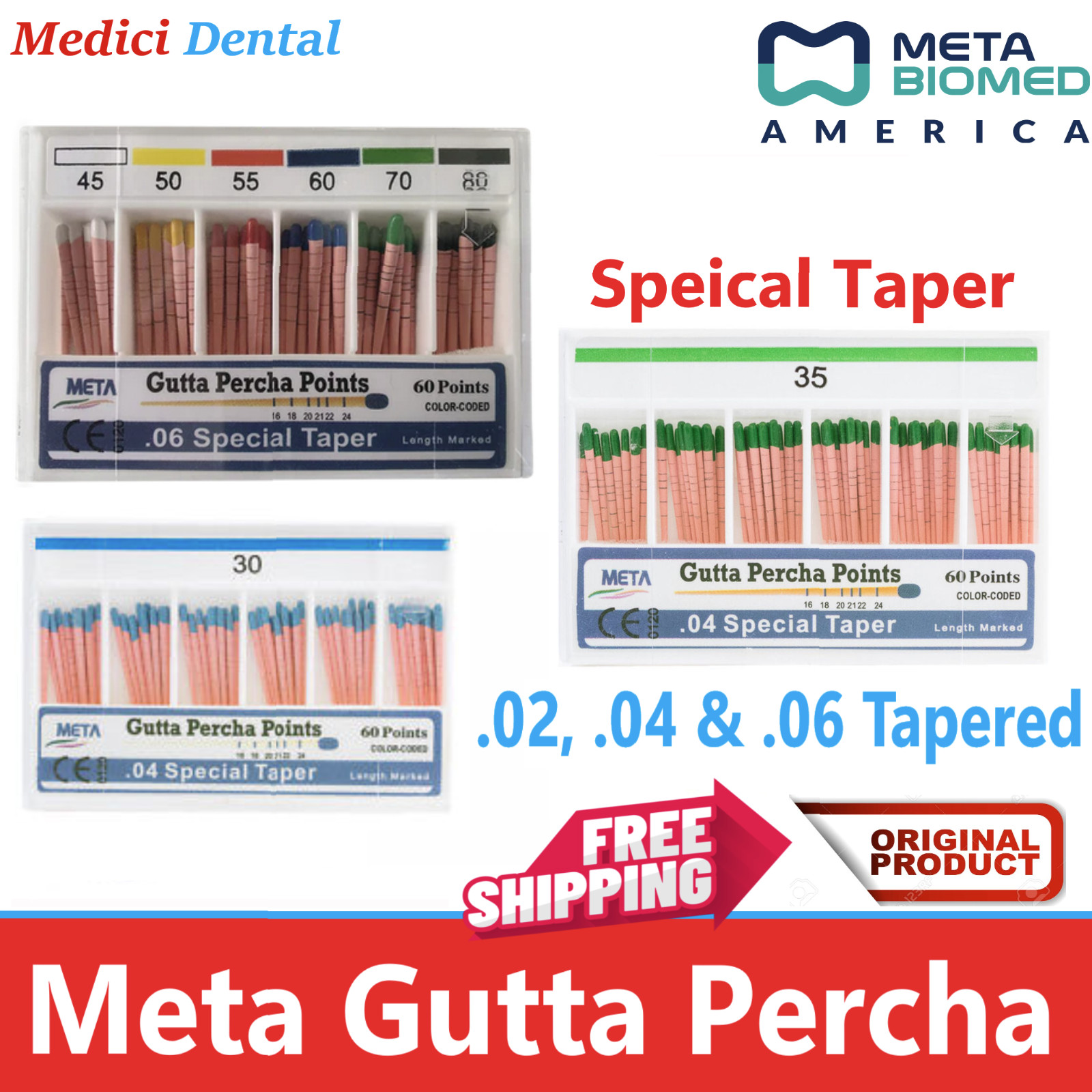 Dental Gutta Percha Points Endo .02/.04/.06 Taper 15#-80# Meta Biomed, All Sizes