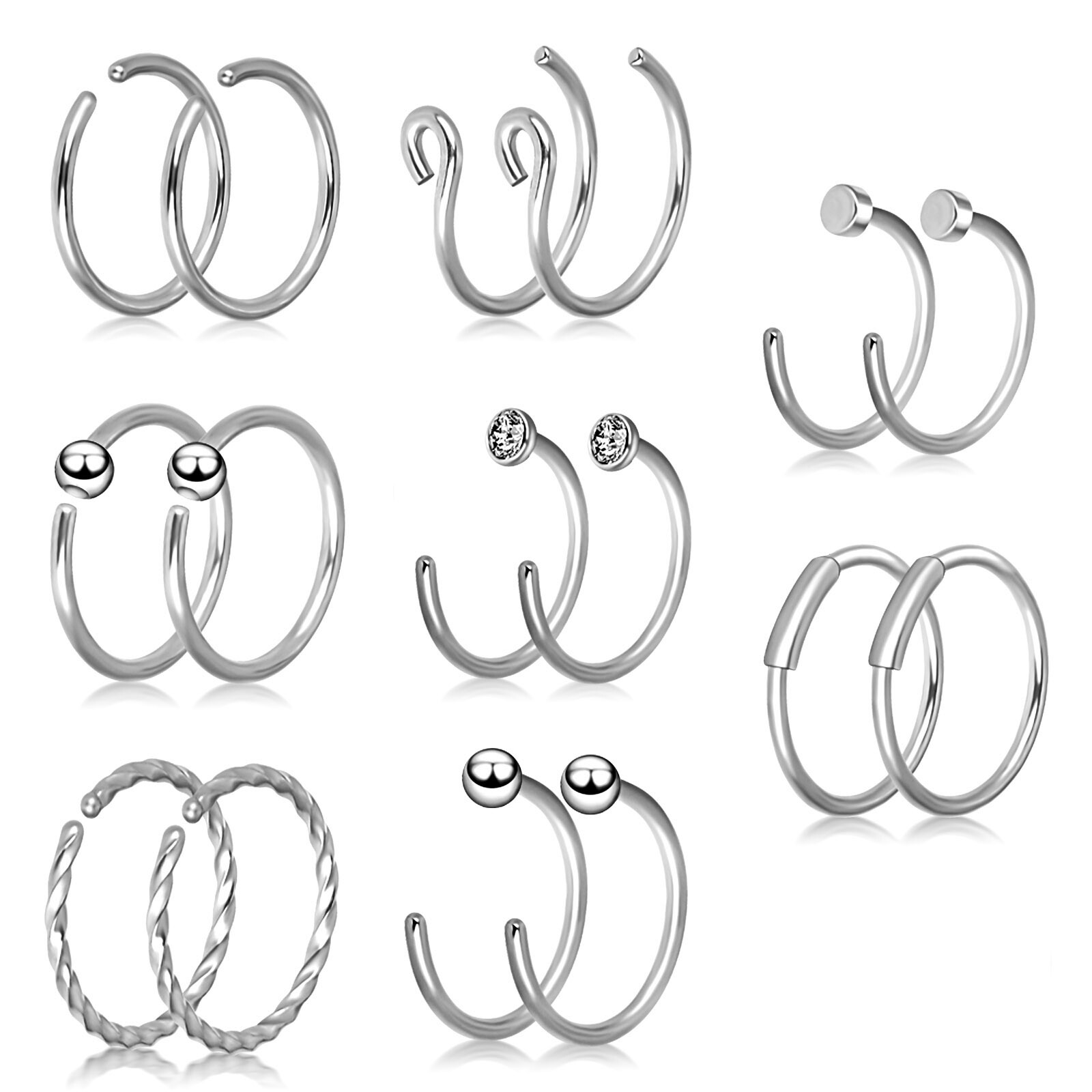 Stainless Steel Nose Rings Set Bone Stud Tragus Cartilage Hoop Body Piercing 20G