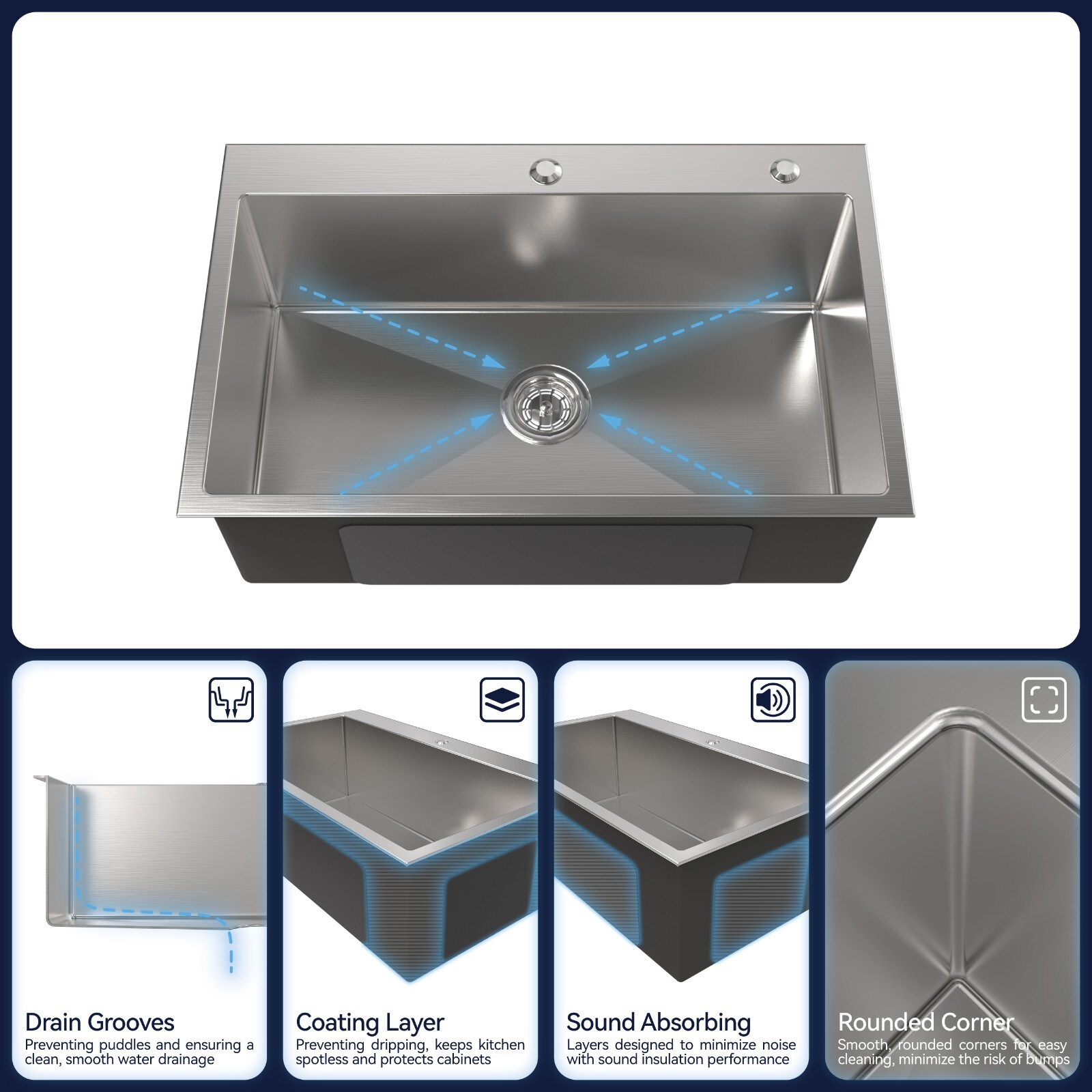 COZY Stainless Steel Kitchen Sink, 30" Single Bowl in Brushed Nickel SSBR04