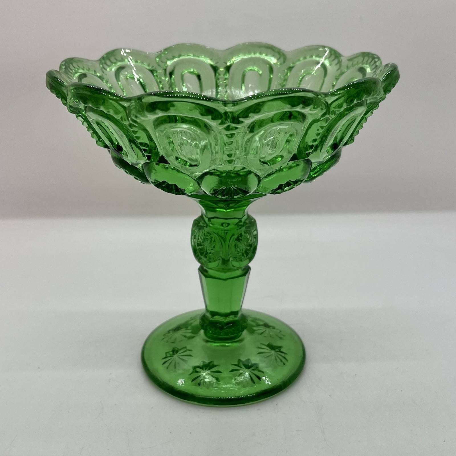 Vintage Fenton LG Wright Moon and Stars Green Glass 5.75" Open Jelly Compote