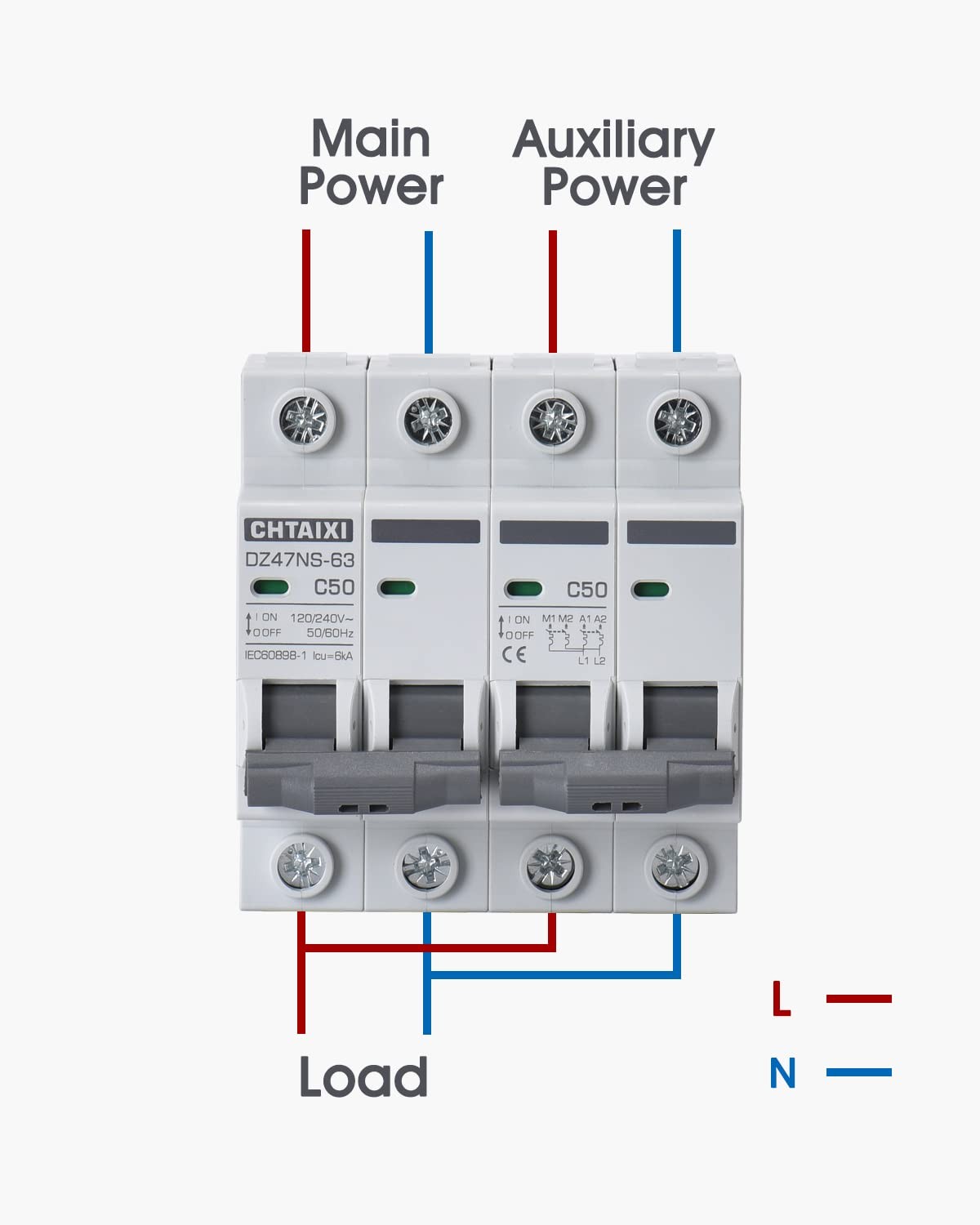 Manual Transfer Switch, 50 Amp 120V/240V AC Dual 2-Pole DIN Rail Mount RV Transf