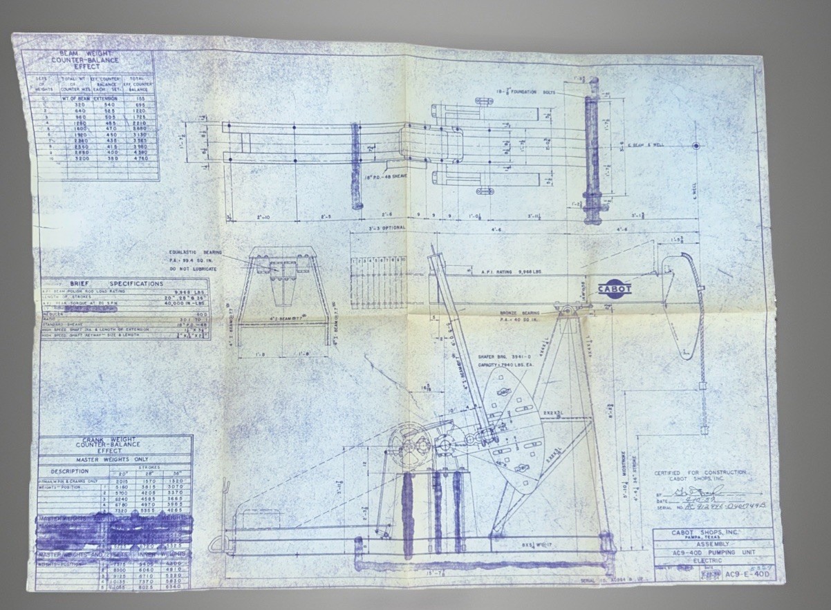 1957 Standard Oil Cabot Oil  Shops Inc. Pampa Texas Blue Prints Of Pumping Unit