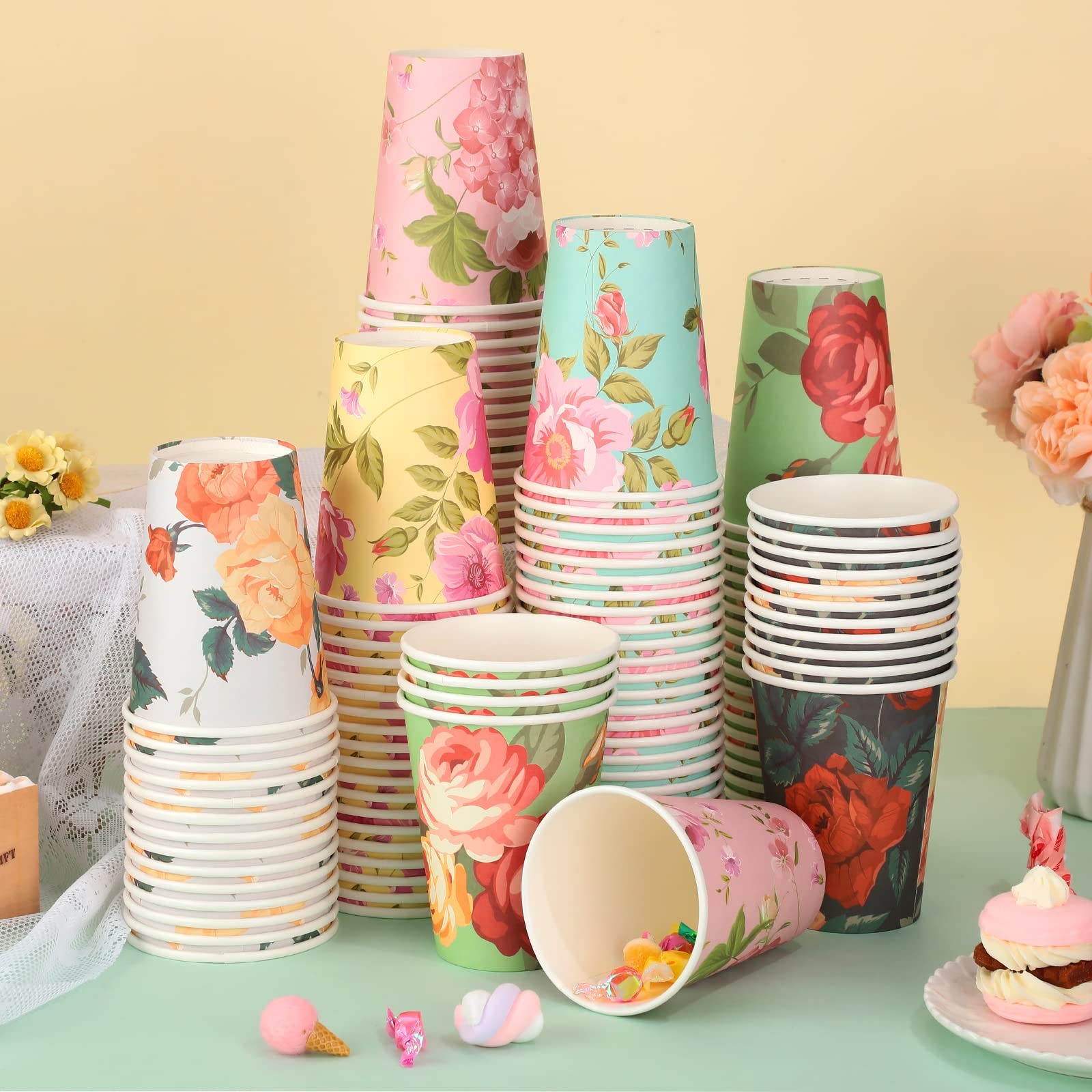 150 Pcs Floral Paper Cups 12 oz Vintage Flower Disposable Cups for Afternoon Tea