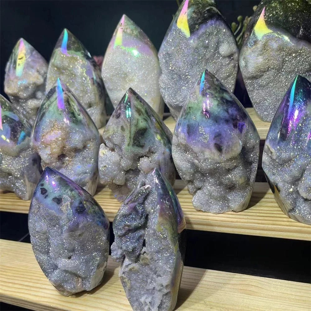 200g Angel Aura Sphalerite Flame Druzy Geode Crystal Tower Obelisk Healing Decor