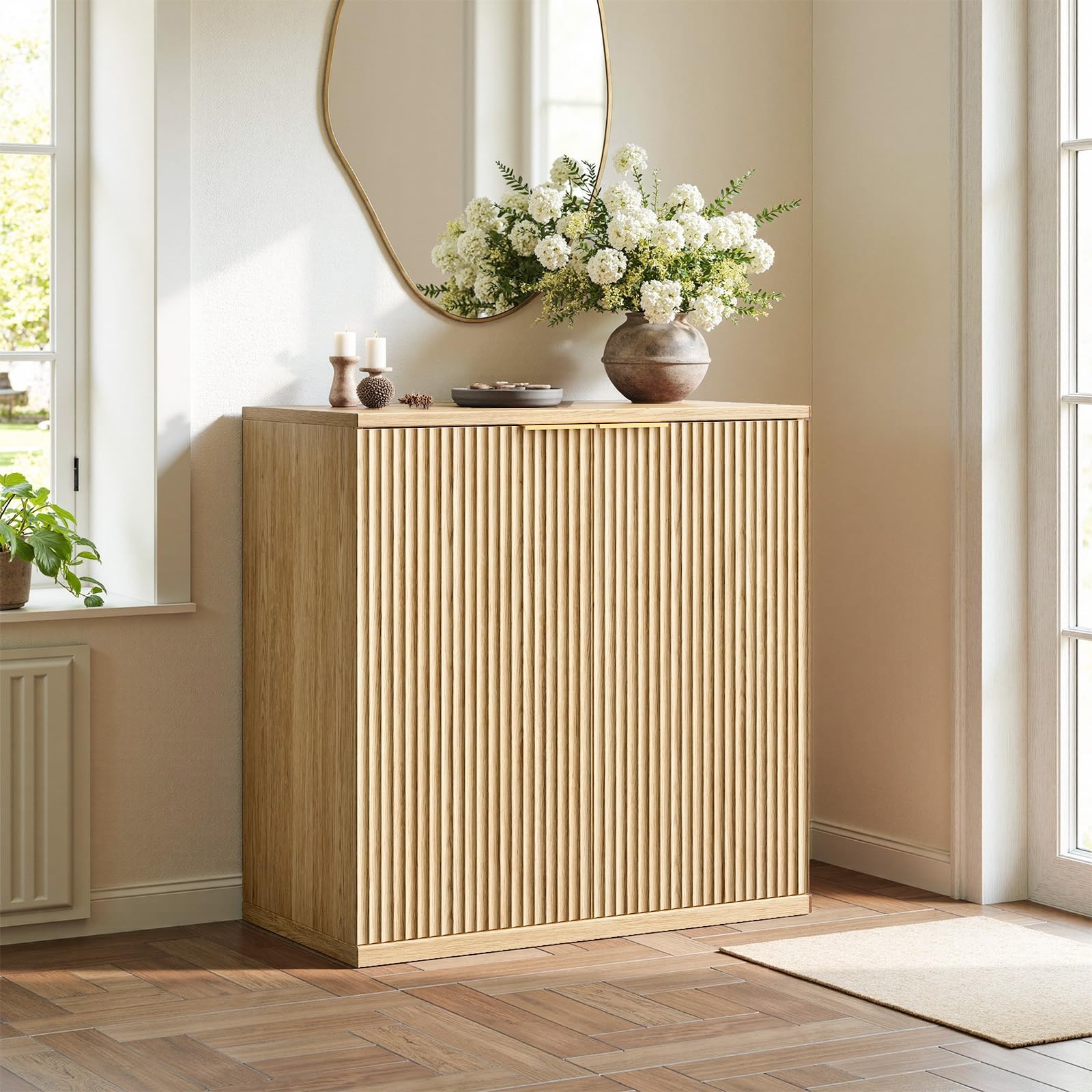 31.5" Oak Buffet Cabinet with Storage Small Sideboard Cabinet