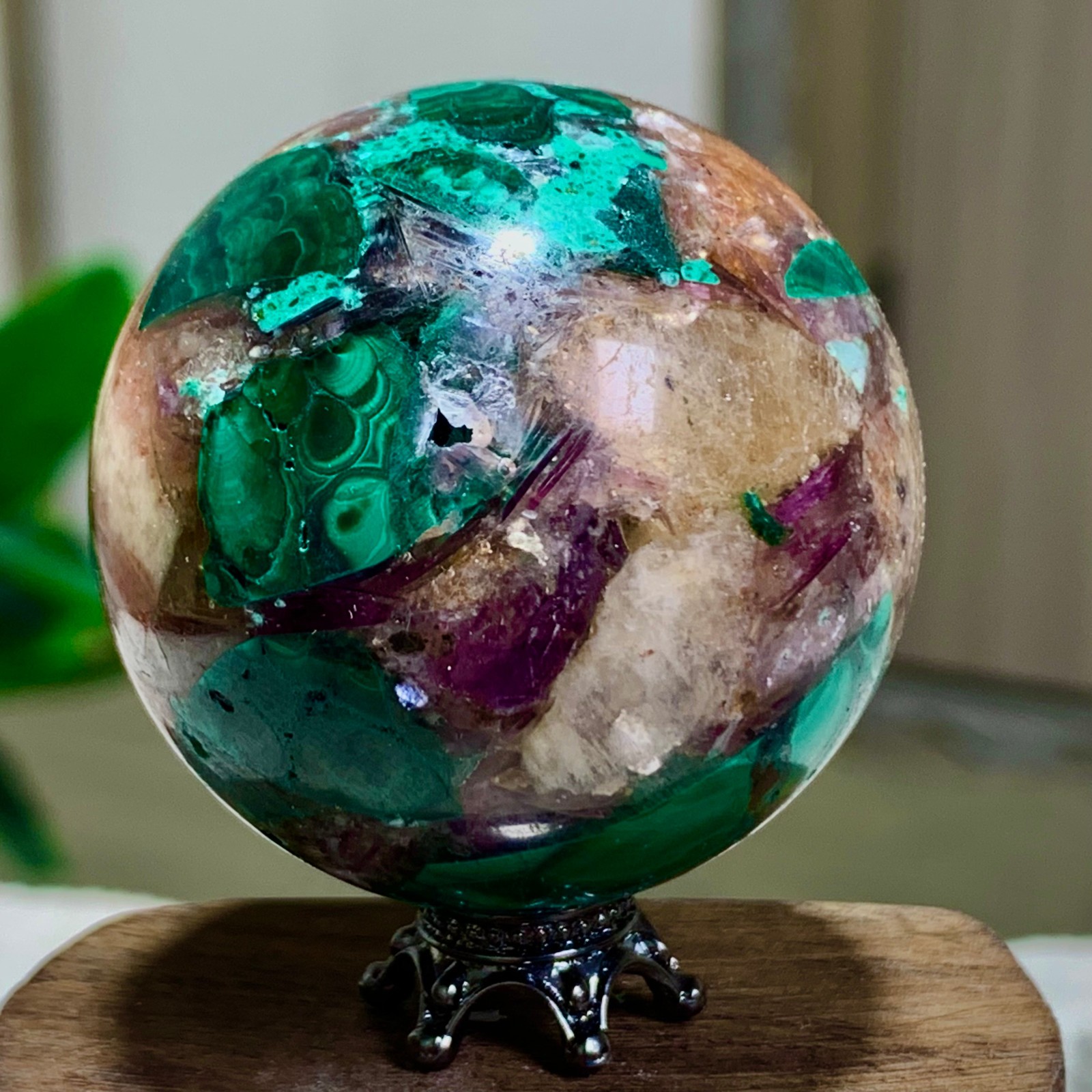 102G Newly discovered rare malachite purple mica symbiotic sphere restoration