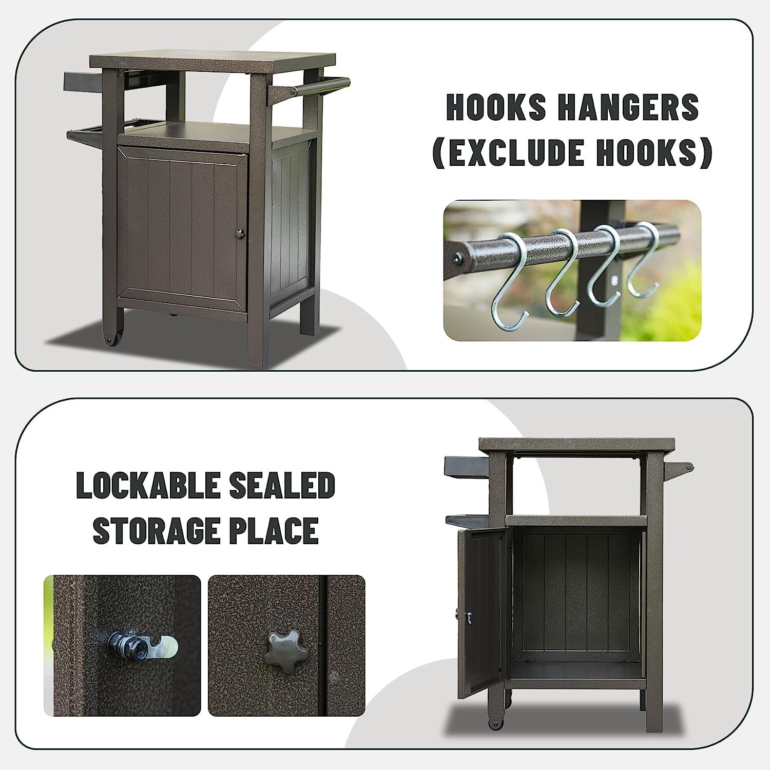 Domi Outdoor Grill Carts w/Wheels,Metal Table and Storage Cabinet for BBQ(Brown)