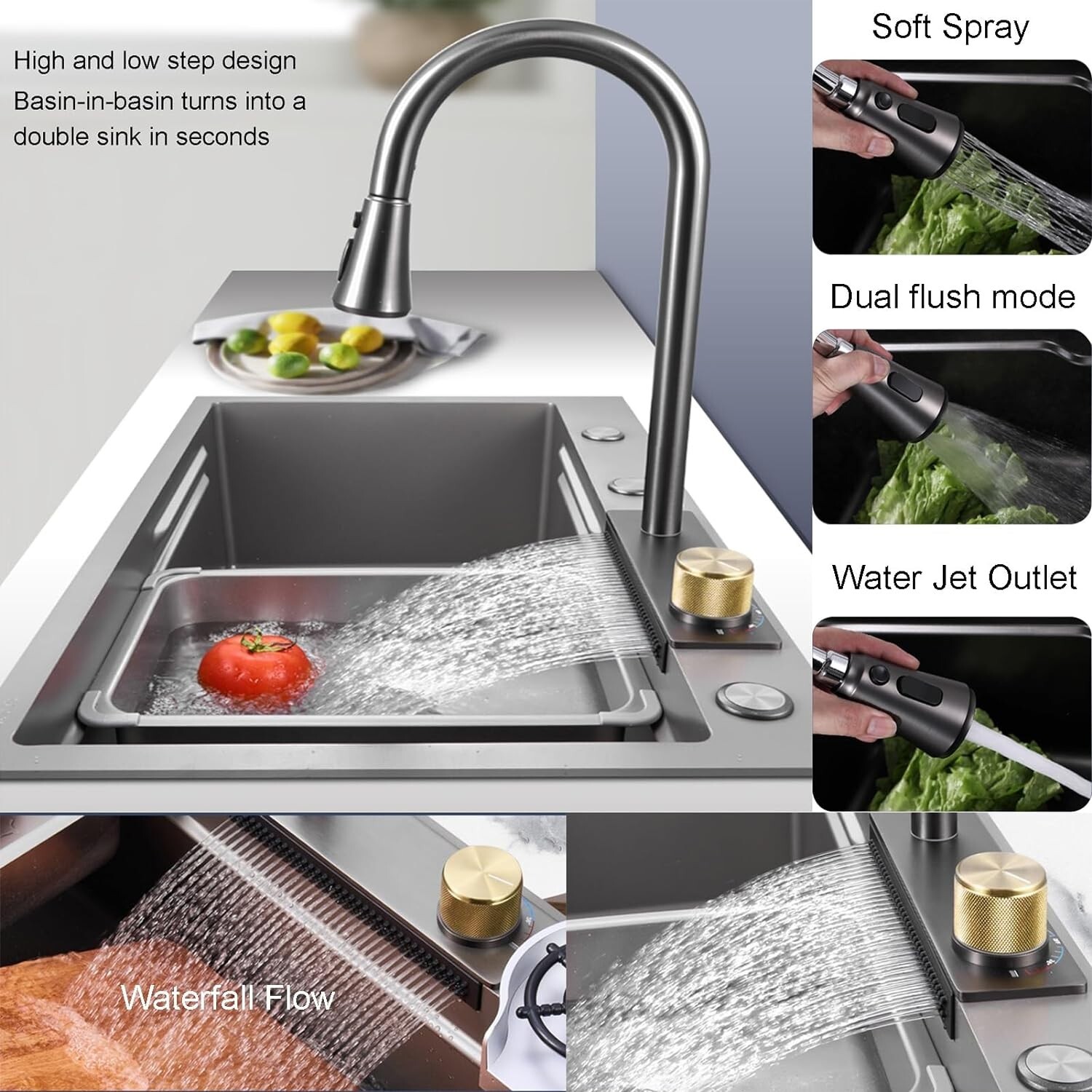 Flying Rain Stainles Steel Watefall Kitchen Sink w PullDown Faucet Gray 31.5INCH