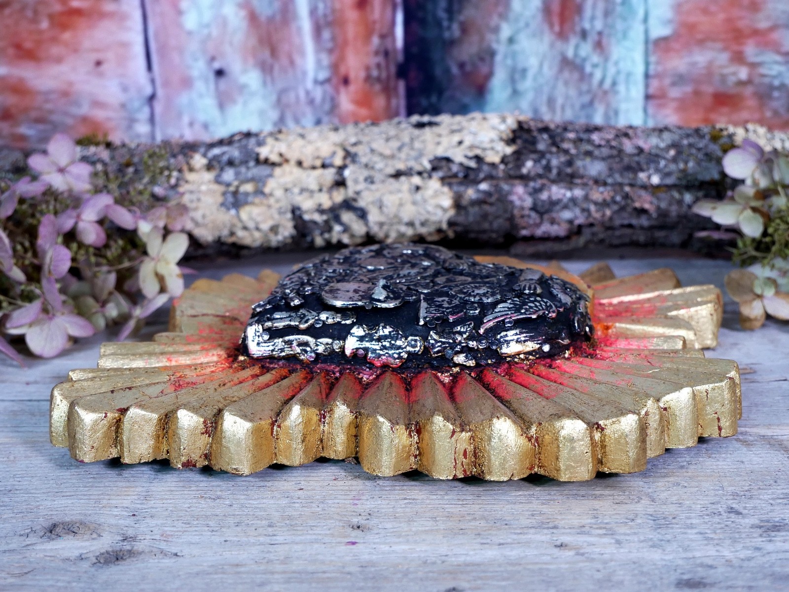 Heart Gold Starburst Milagros Guadalupe Wood Handmade Michoacan Mexican Folk Art