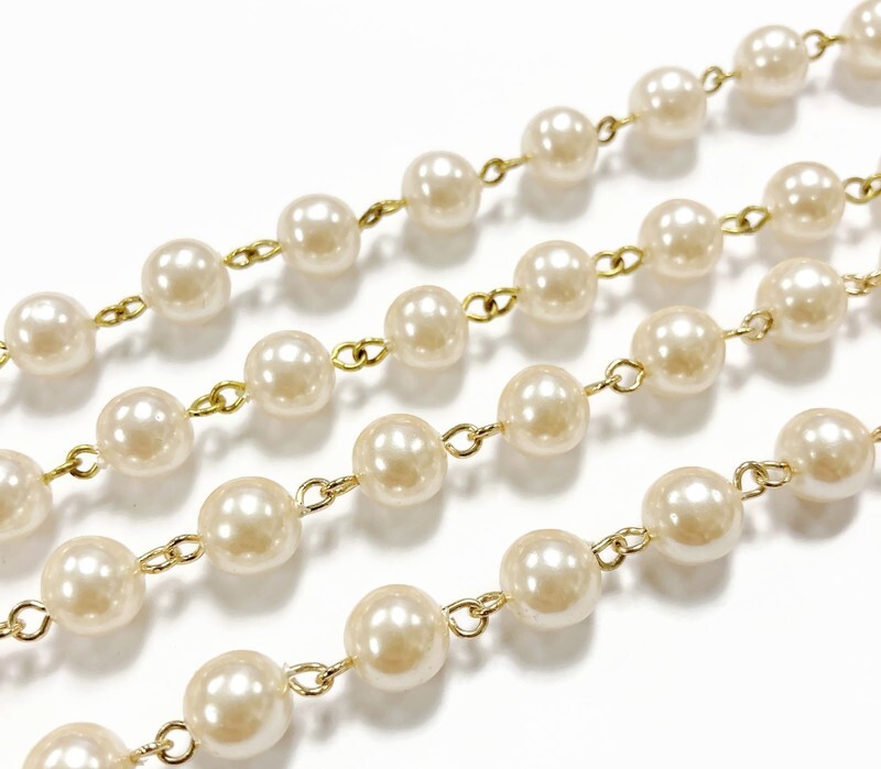 3 VINTAGE JAPANESE PEARL ACRYLIC ROUND BEADED BRASS LINK 6.5" CHAIN SECTIONS 572