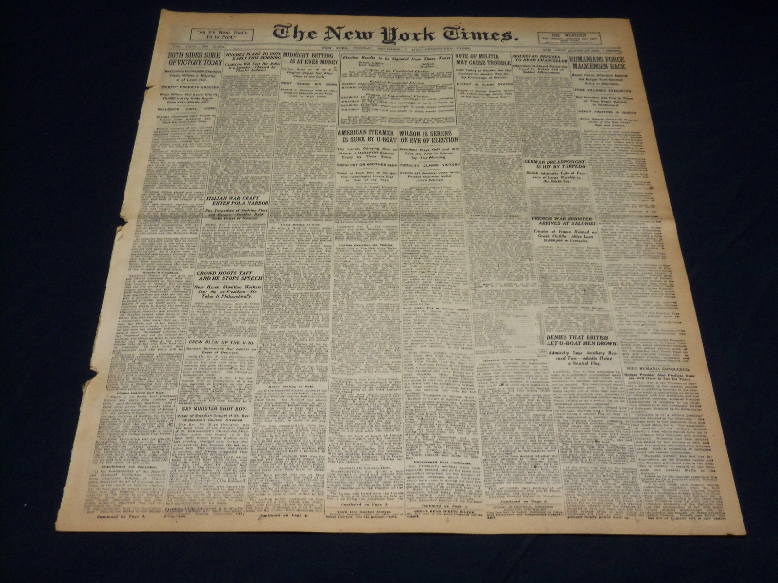 1916 NOVEMBER 7 NEW YORK TIMES - BOTH SIDES SURE OF VICTORY TODAY - NT 7686