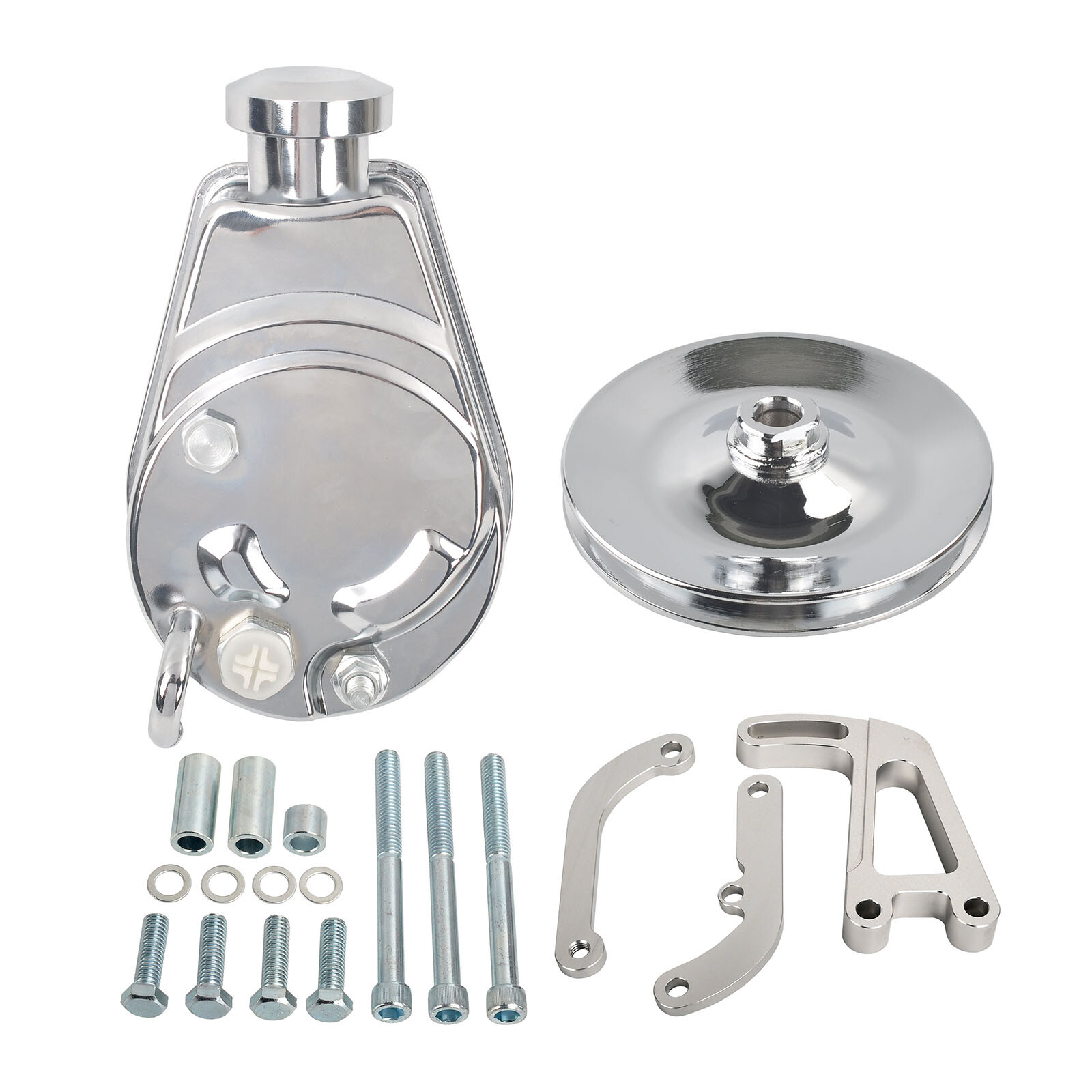 Chrome Saginaw Power Steering Pump w/ Bracket & Pulley Kit For SBC Chevy 350 305