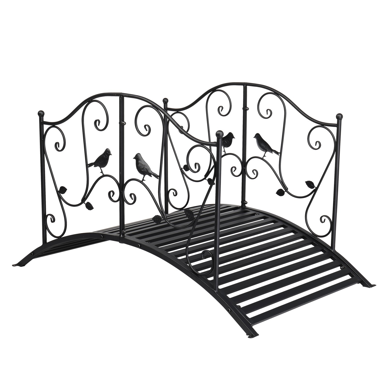 3.9FT Rustic Black Iron Bridge Courtyard Garden W/Bird Pattern Arched Handrails