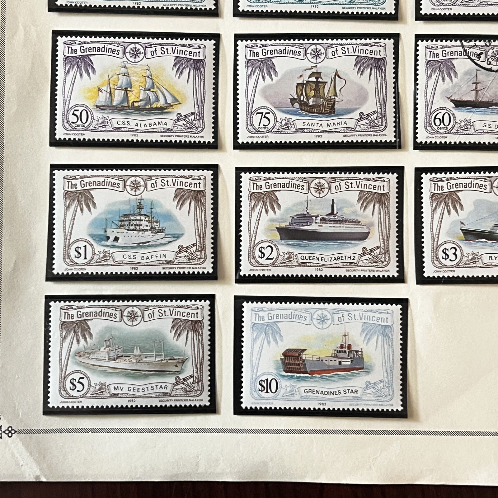 1977 1982 1989 GRENADINES OF ST. VINCENT MINT STAMPS ON ALBUM PAGE, HIGH DENOMS