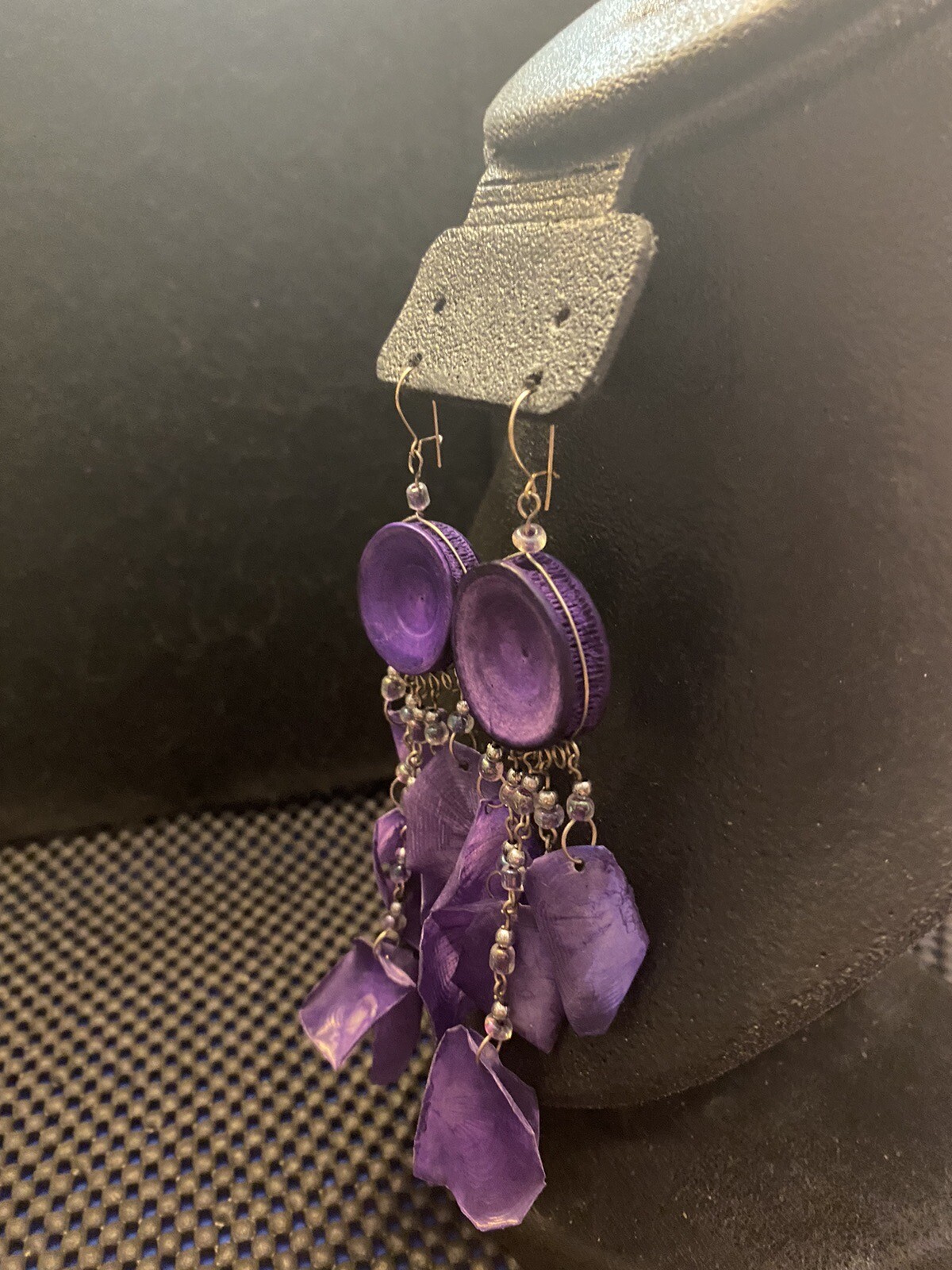 Artisan Purple Scales Leaf Shape On Round Sea Life Discs Dangle Beaded Earrings