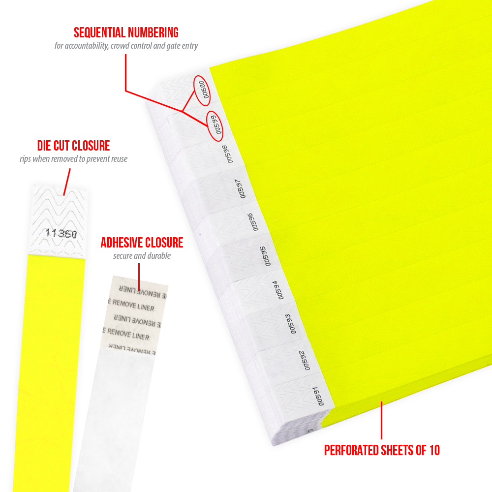 100 Count Wristbands for Events, Neon Yellow Tyvek Material, Security Bracelets