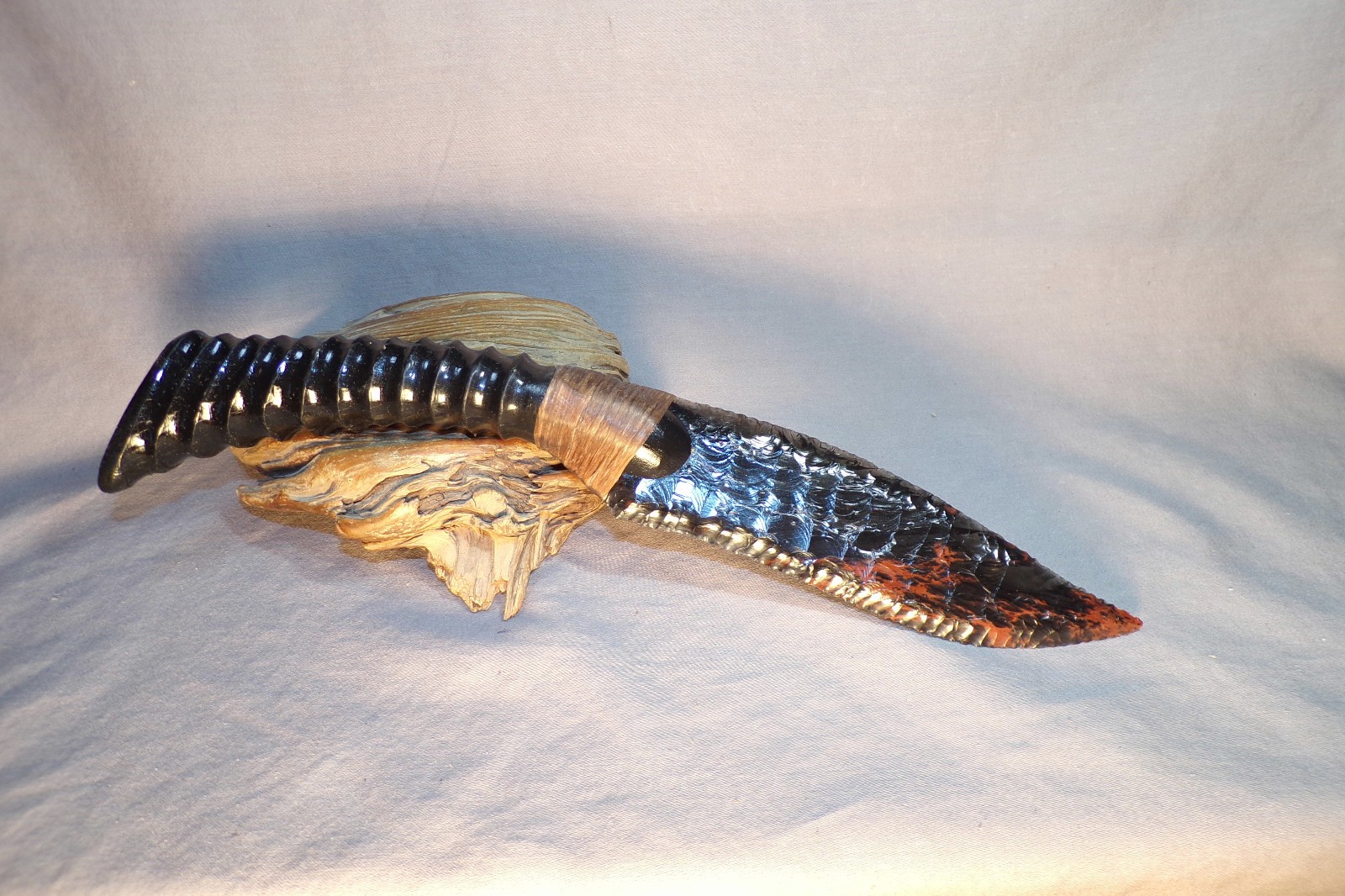 Triple Flow Obsidian Fantasy Knife African Handle Flint Knapping COA