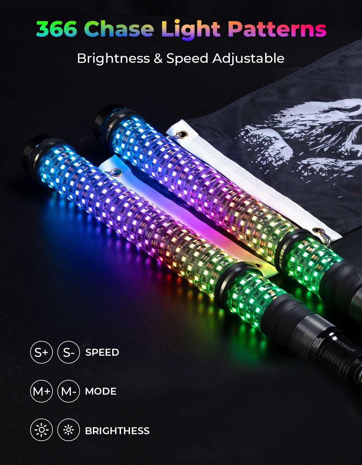 KEMIMOTO 2FT Fat Whip Lights LED Spiral Chasing Lighted w/ Remote & APP Control