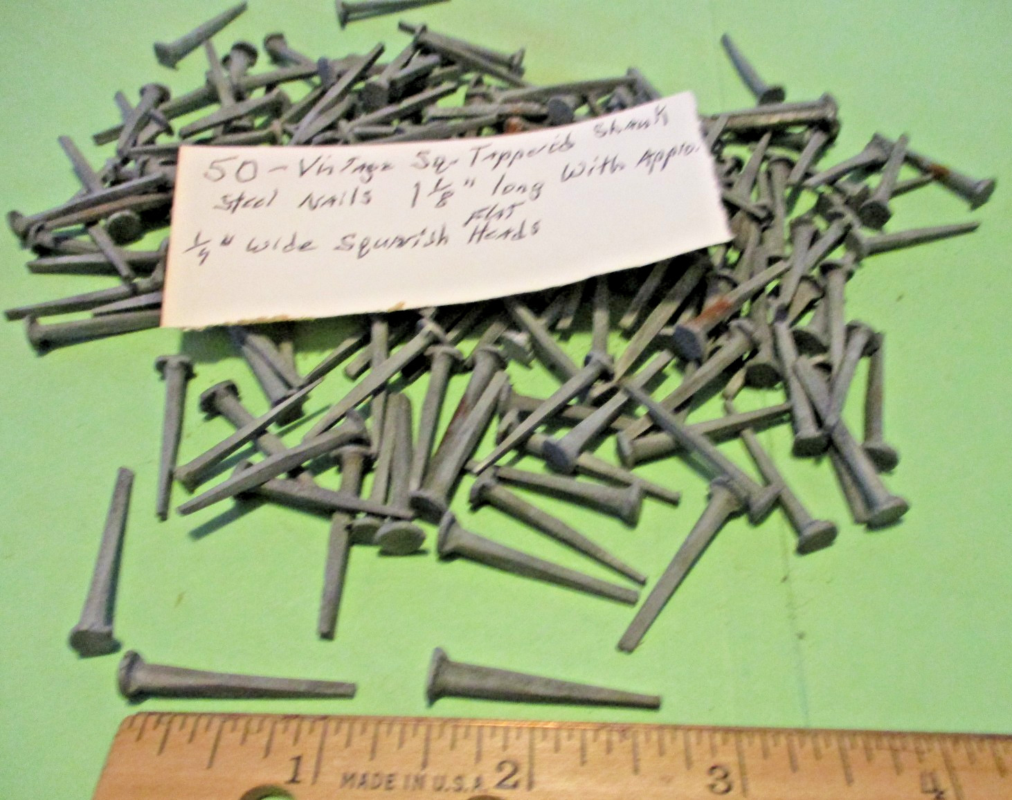 50--ORIG. ANTIQUE, 1 1/8" LONG SQUARE TAPPERED STEEL NAILS, BARN FIND ! - N.O.S.