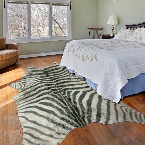 Zebra Print Area Rug, 4.6x5.2 Feet - Faux Zebra Hide for Bedroom, Black &
