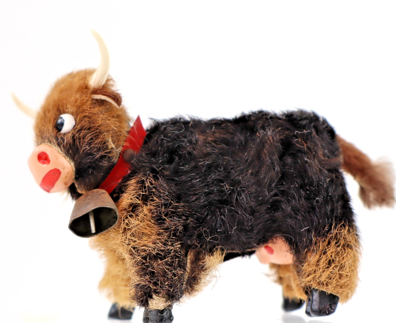 vintage Original Fur Toys miniature Cow Bull figure w/ tags bell W. Germany 3"