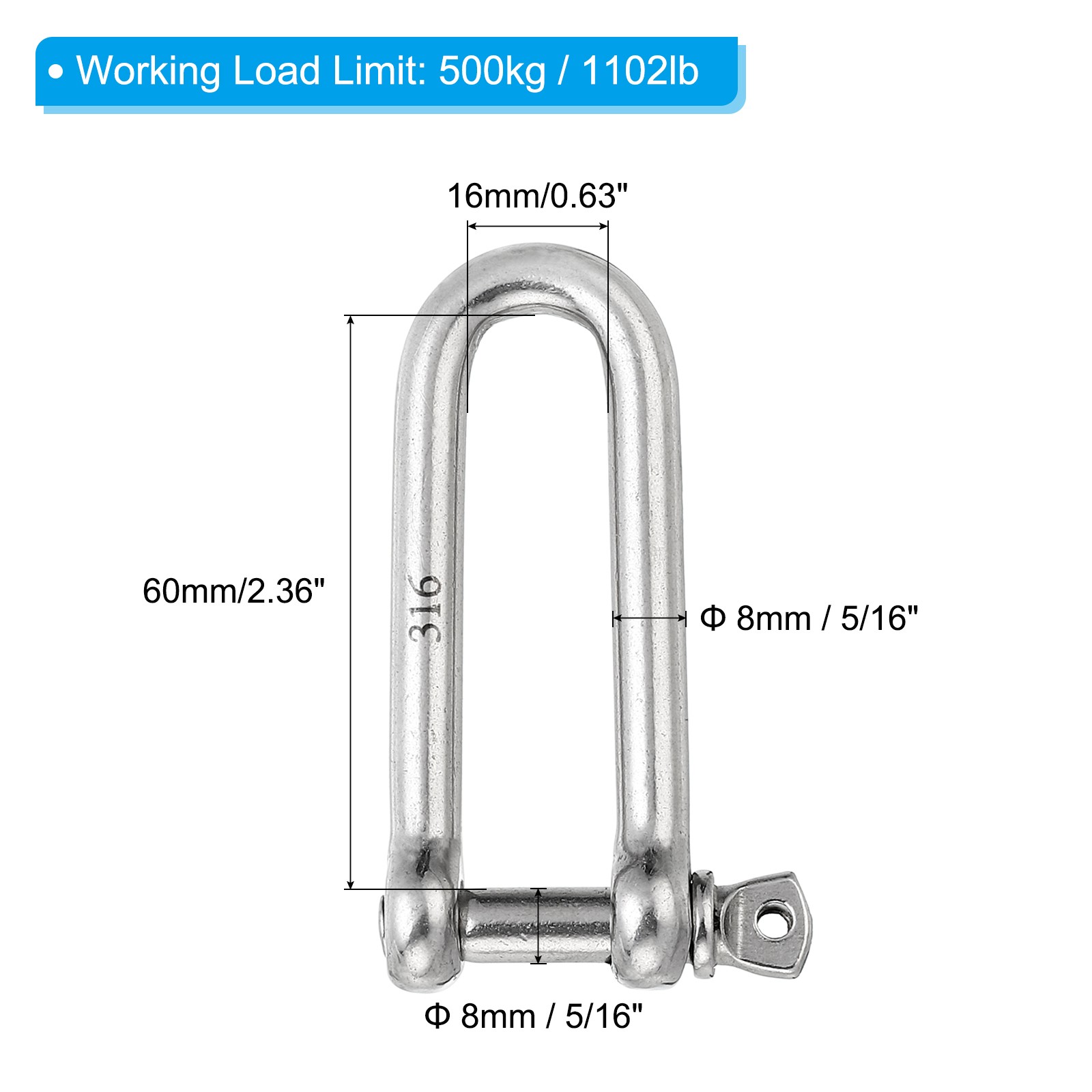 Screw Pin Shackle 8mm 5/16" 1102lb 316 Stainless Steel Long D Shackle Silver