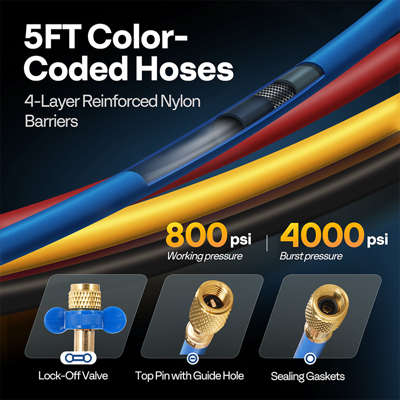 AC Manifold Gauge Set 4 Way For R134a R410a R22 R32 Refrigerat with 5ft Hoses