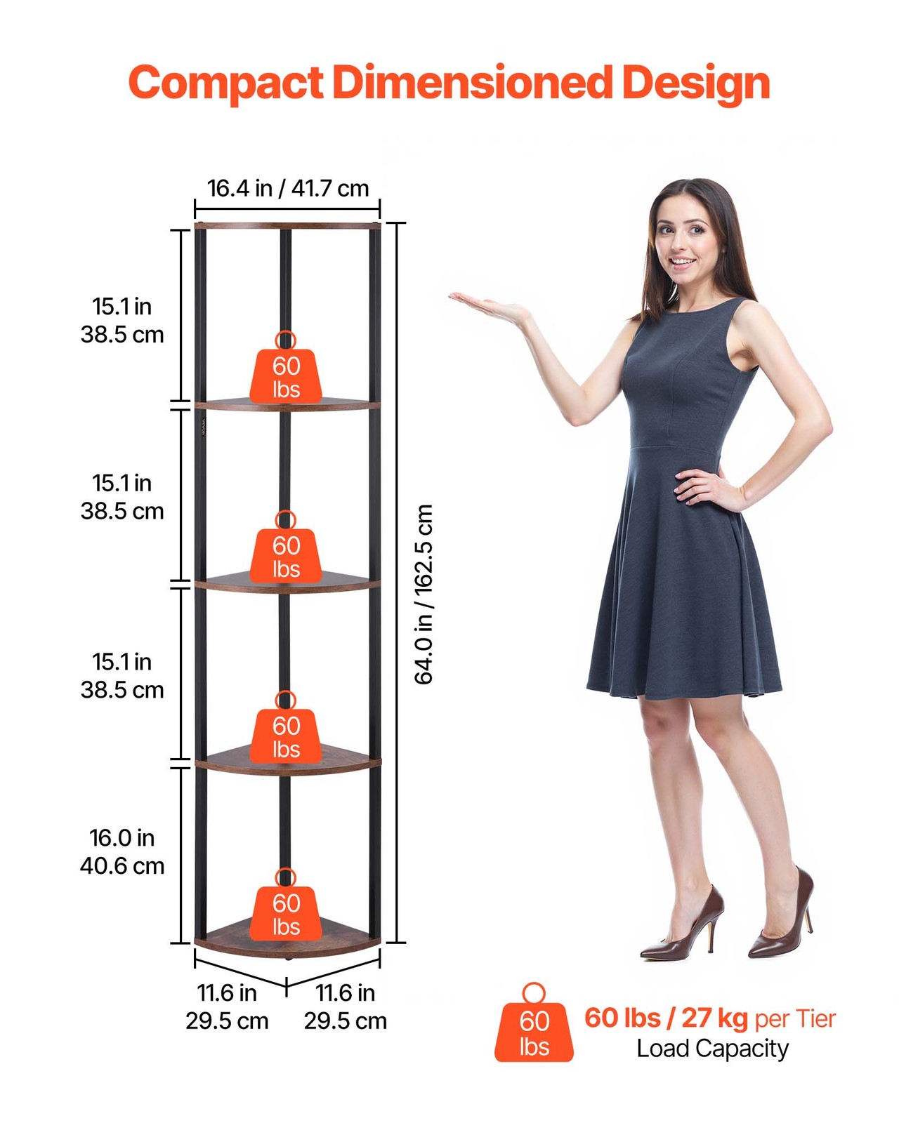 5 Tier Corner Shelf Tall Corner Stand with LED Light Narrow Display Rack
