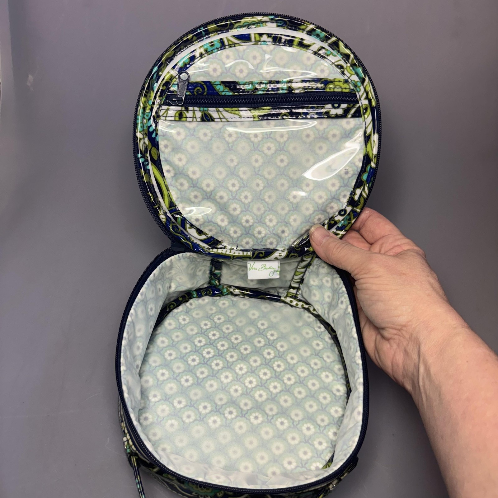 Vera Bradley Hatbox Cosmetic Bag Rhythm & Blues Blue Green Print Travel Case