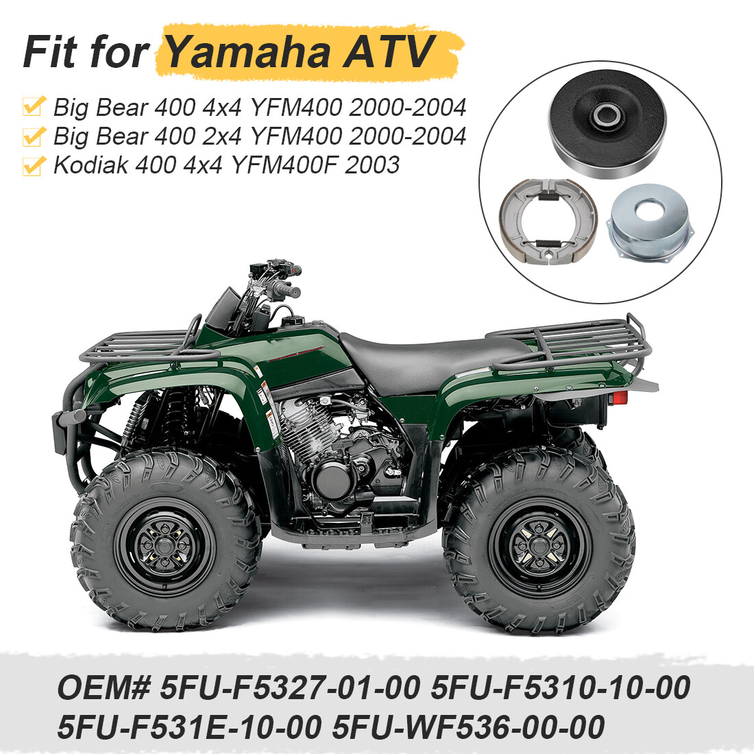 Rear Brake Drum Hub Shoes Cover Kit for Yamaha Big Bear 400 YFM400 4x4 2000-2004