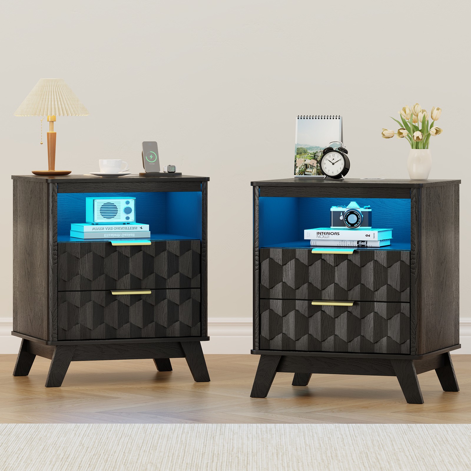 Gurexl Night Stand Set of 2 - with Charging Station and 3-Color LED Light, Black