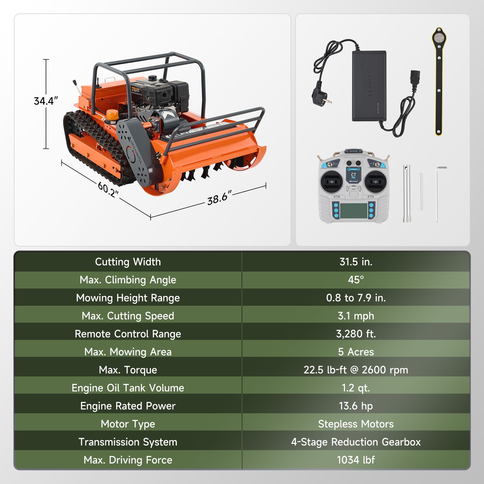 13.6hp Remote Control Lawn Mower Crawler Mower 45° Climbing 459cc 31.5" Width