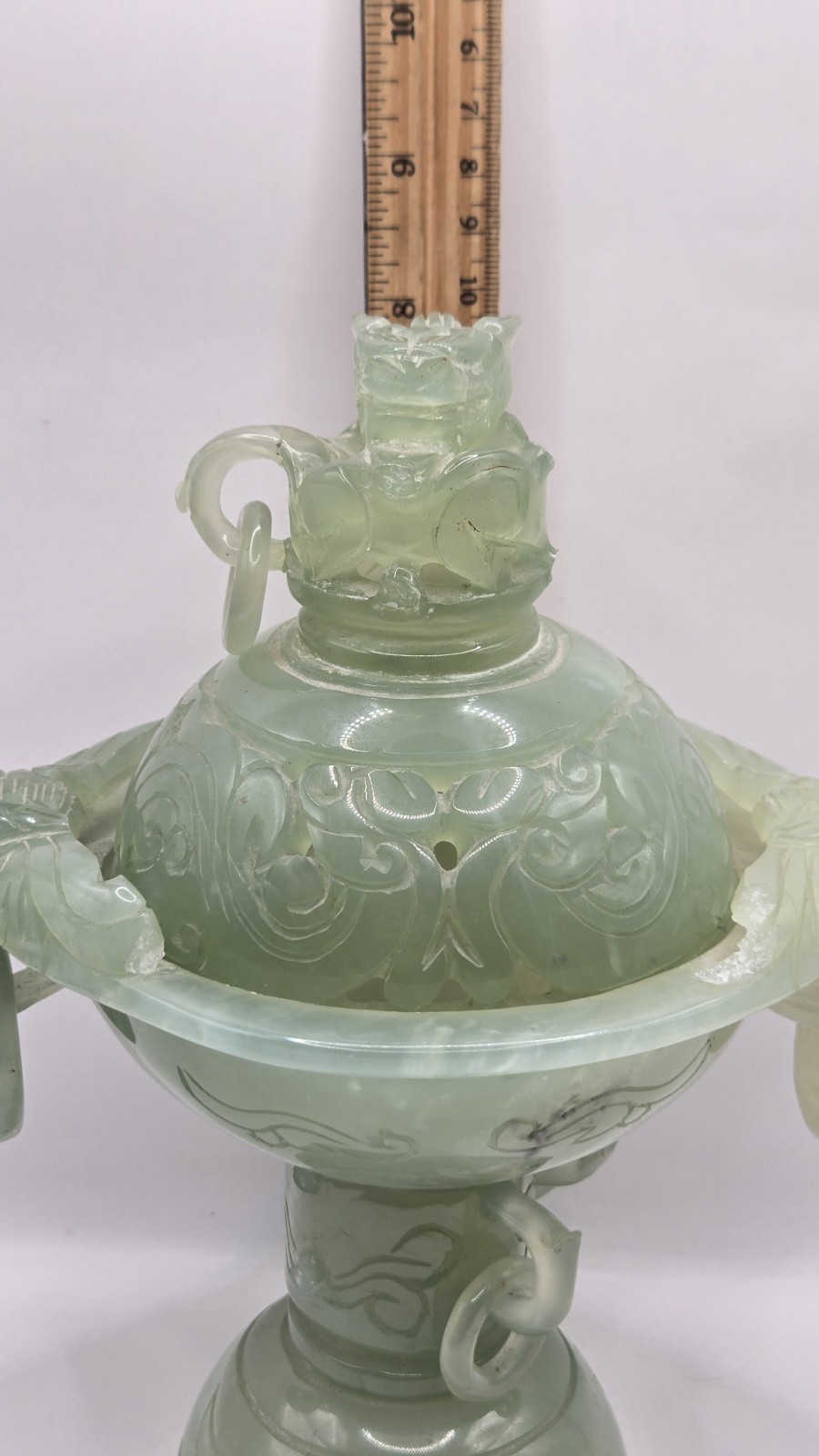 Vintage Chinese Jade Carved Foo Dog Incense Burner 8" x 7.5" READ FOR FAULTS