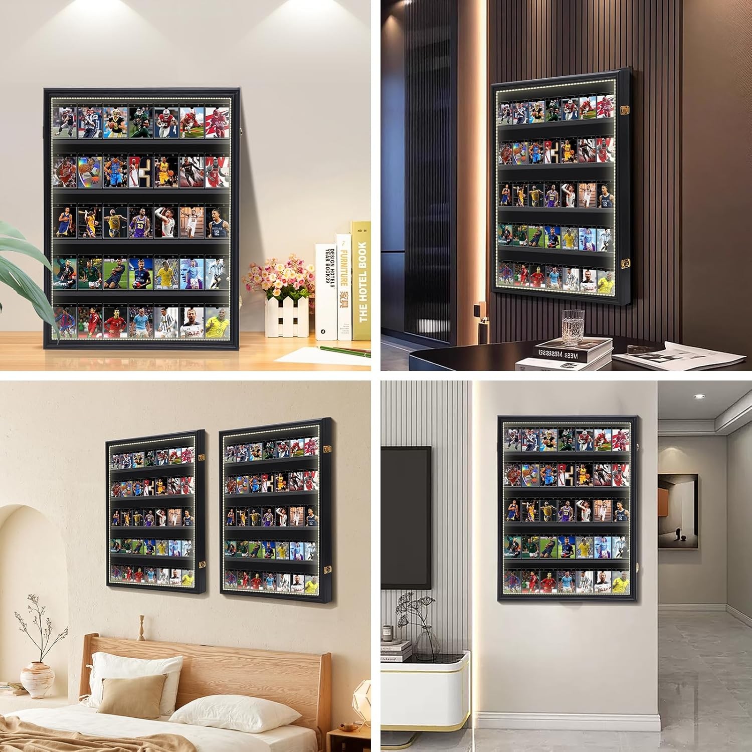 Graded Trading Card Display Case 35 LED Light Sport PSA Slabs Wood Wall Cabinet