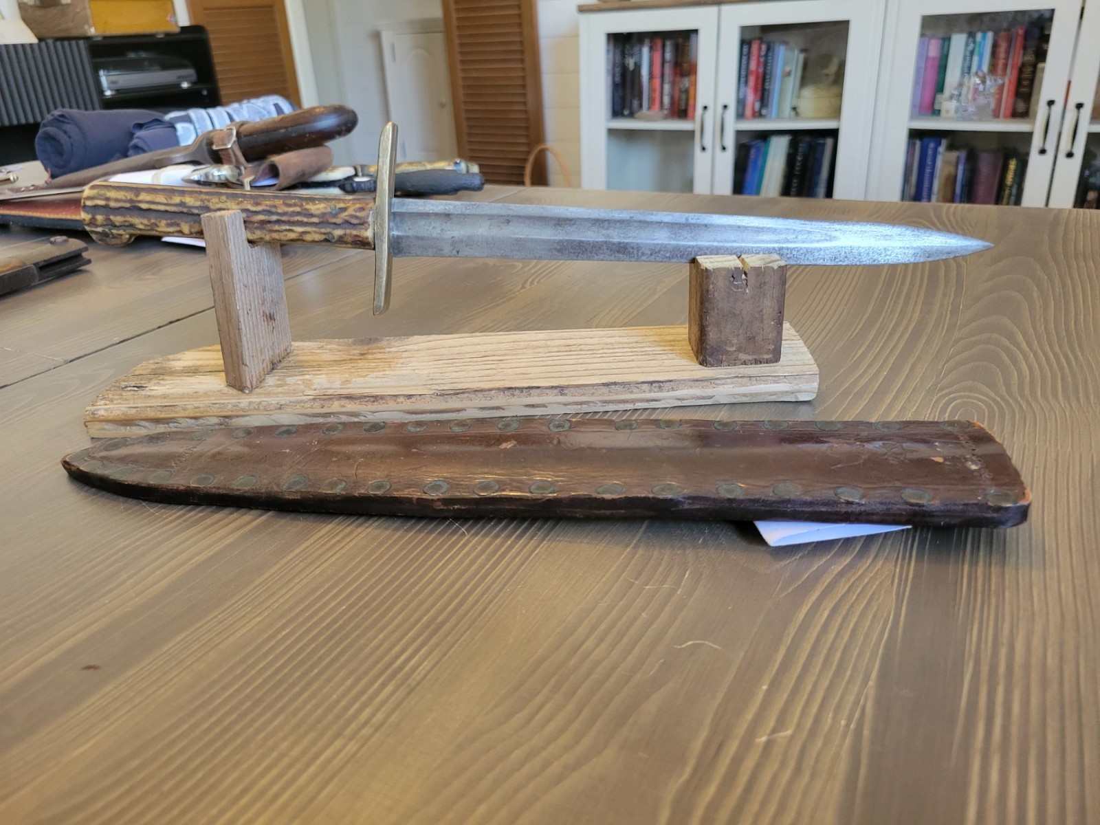 Antique Mid-1800s Stag Handle Fighting Knife with Sheath