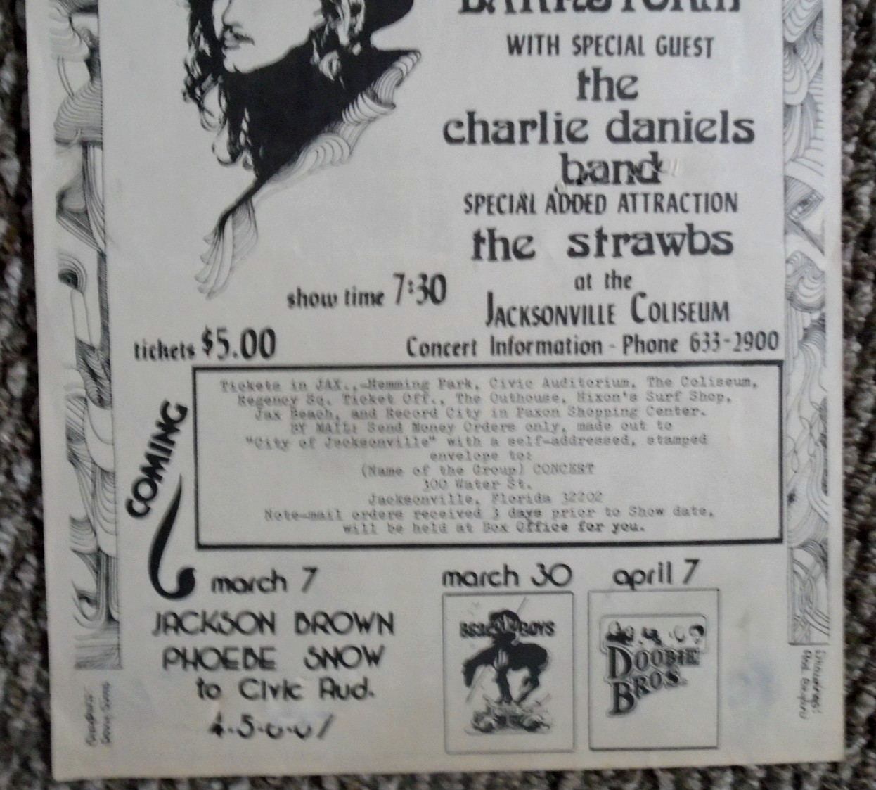 ORIGINAL CONCERT HANDBILL & TICKET-JOE WALSH & BARNSTORM-JACKSONVILLE-2_21_1975+