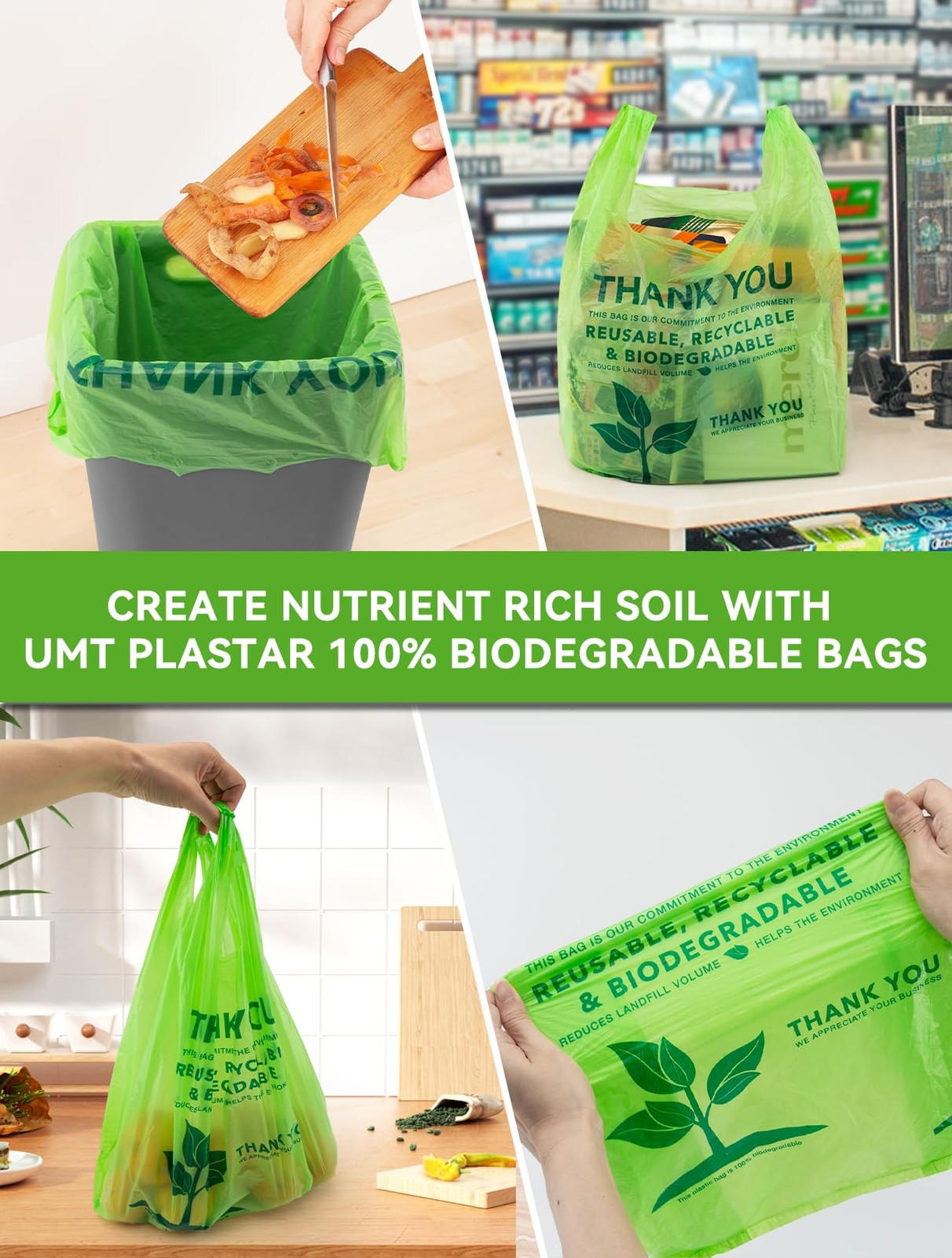 100 Count Biodegradable T-Shirt Bags, Compostable Thank You Grocery Bags, Eco...