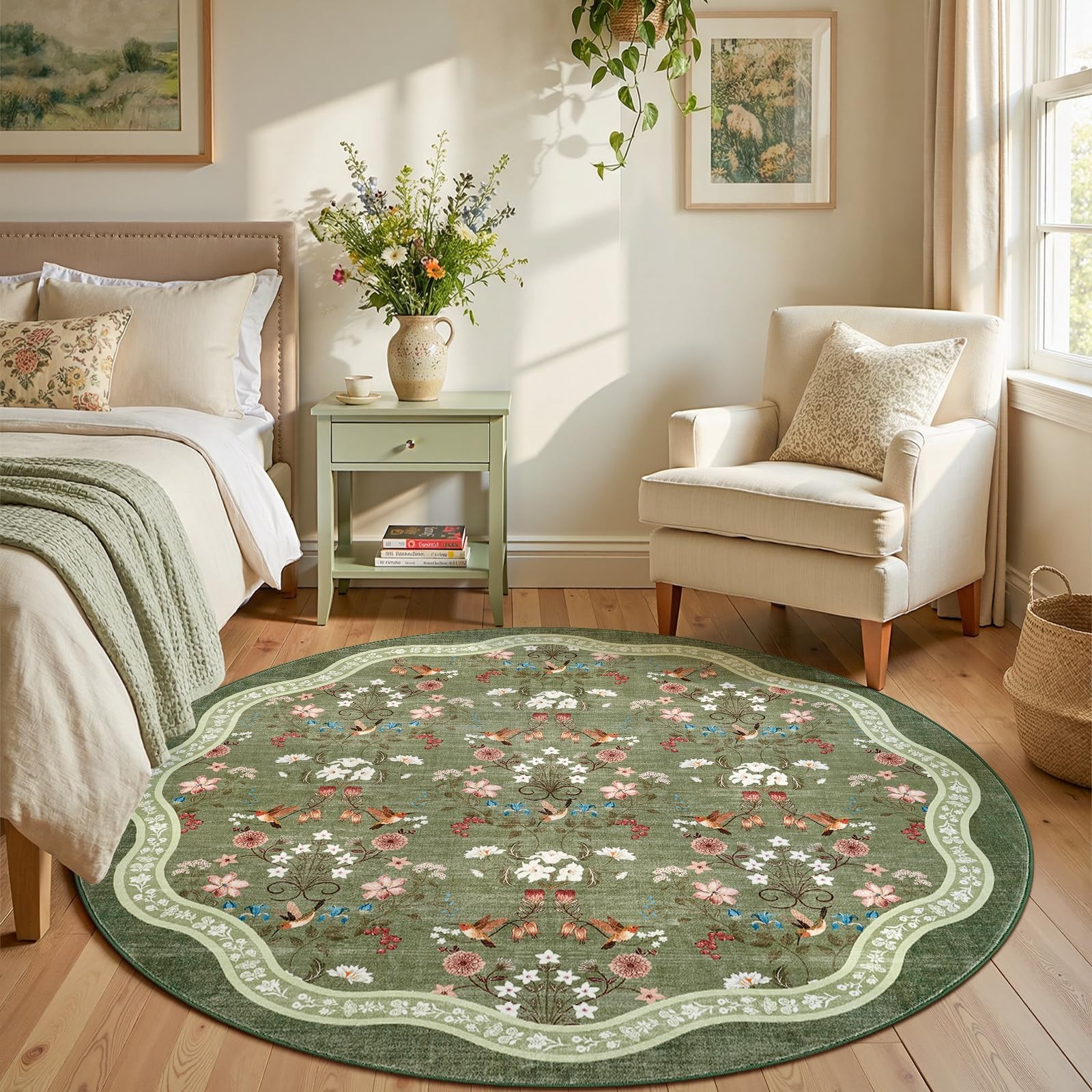 Round Rug 6ft Floral Entryway Soft Washable Kitchen Rug Oriental Non Slip Mat...