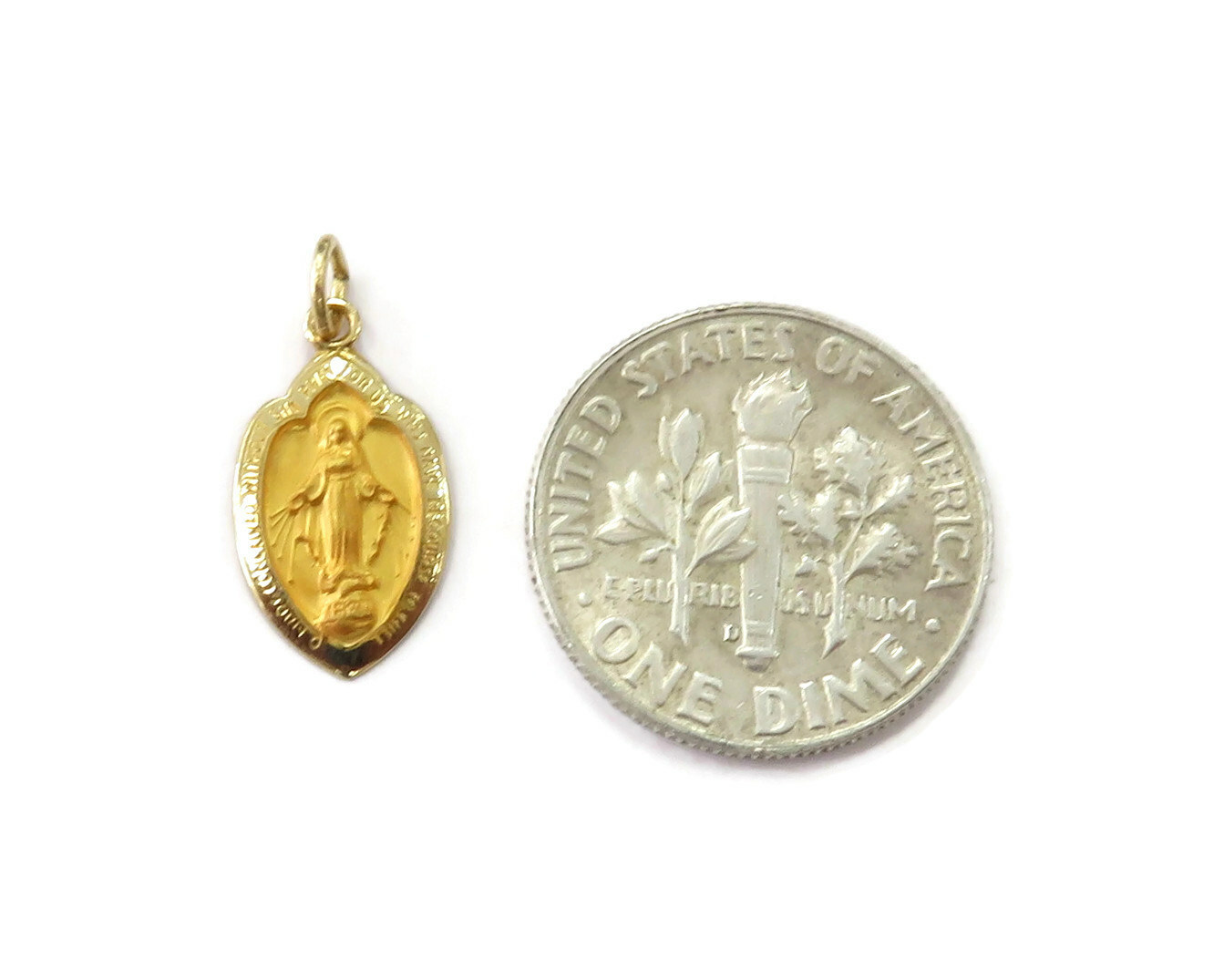 14K Yellow Gold Shield Virgin Mary Miraculous Medal Charm Necklace Pendant