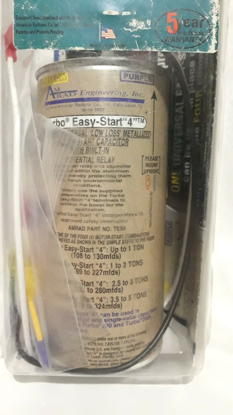 Amrad Turbo Easy-Start "4" Universal Start Capacitor TES4 2 Wire NIB 1-5 Ton