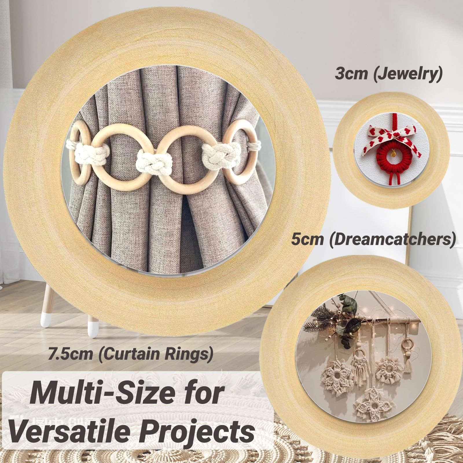 33pcs Wooden Rings for Crafts 3 Sizes Natural Wood Hoops for Macrame DIY Decor