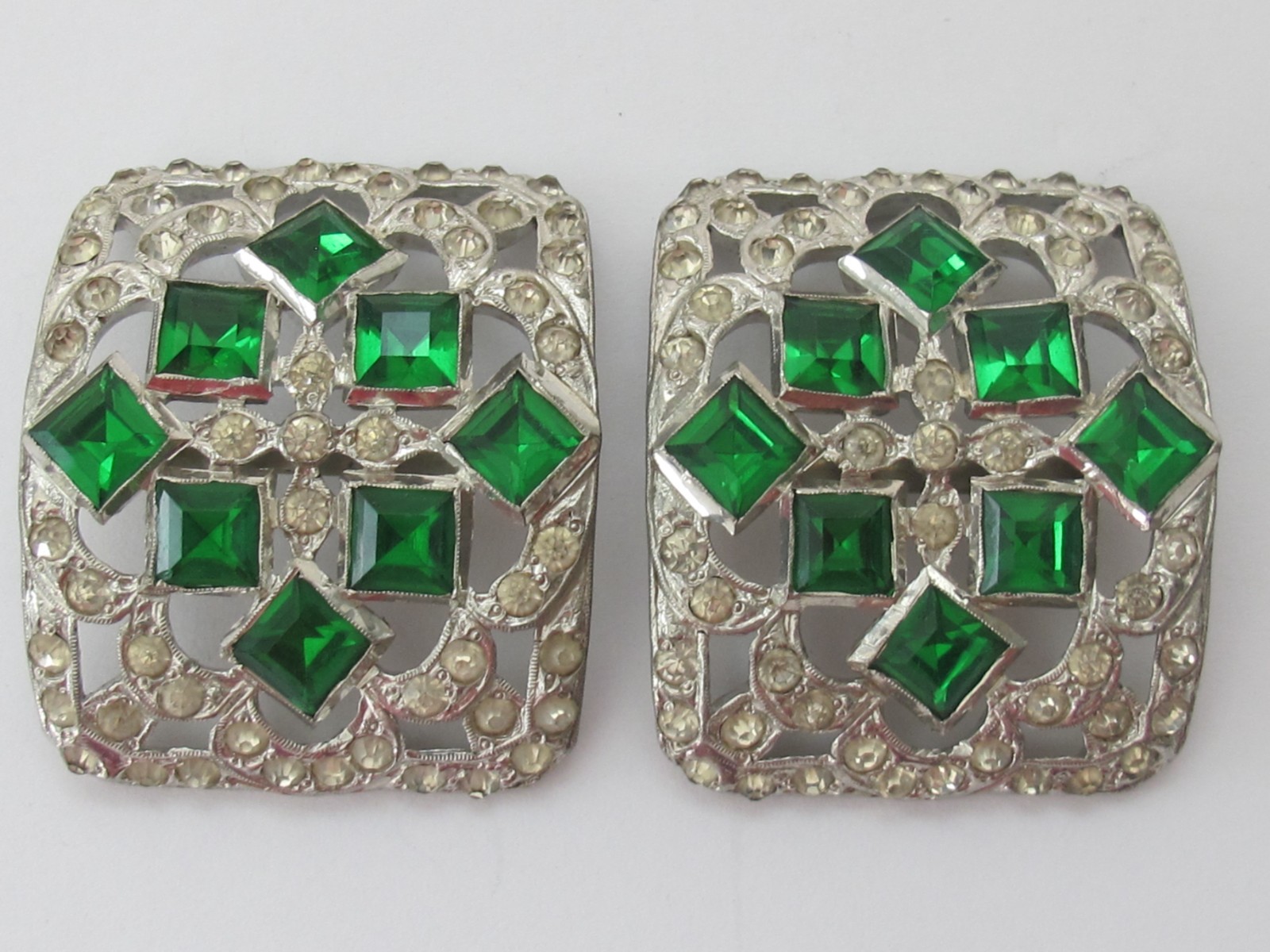 Antique Art Deco Rhinestone Clear & Green Shoe Clips Gorgeous C6