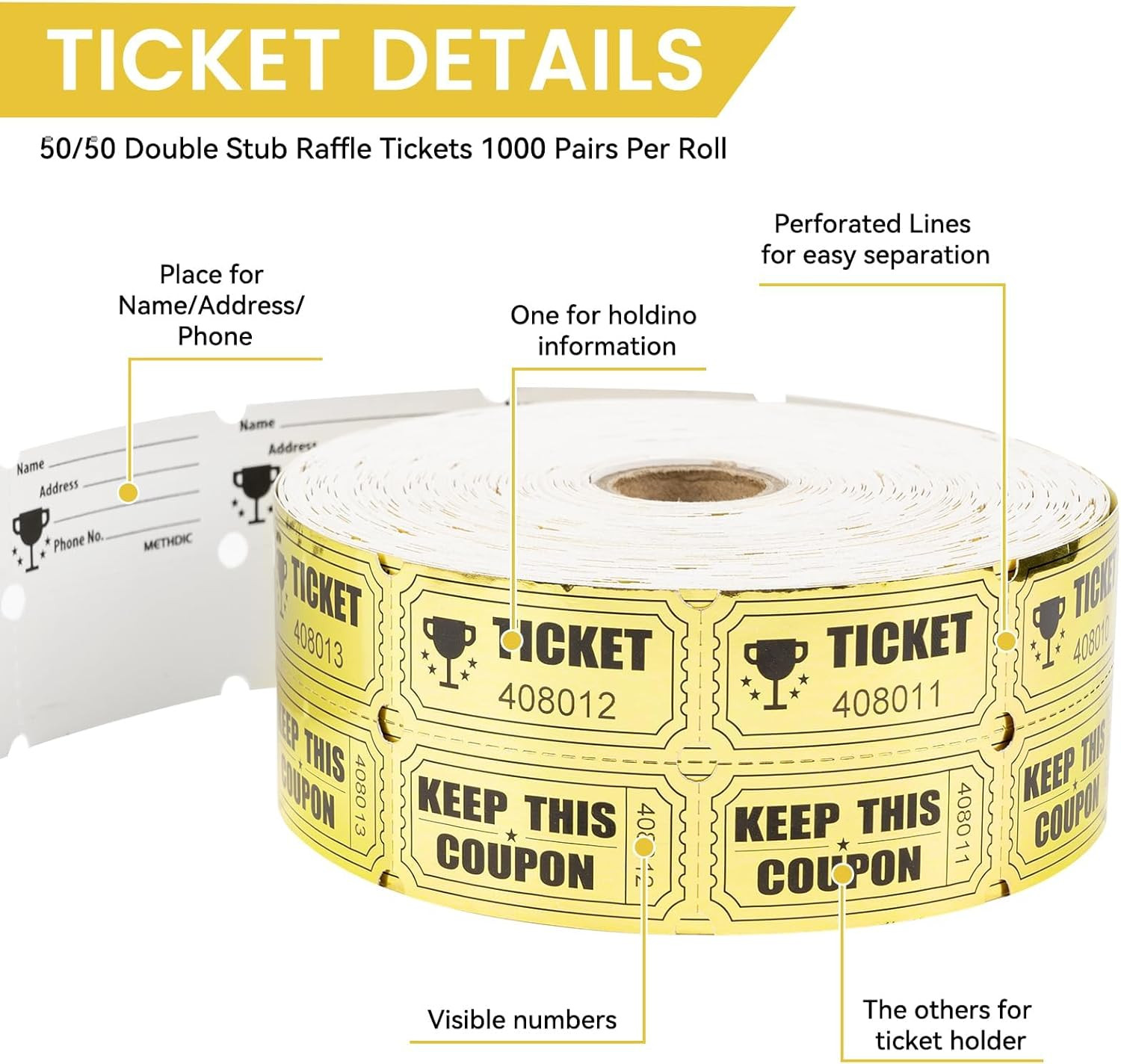 1000 Raffle Tickets Gold Double Roll Metallic Gold Foil,Events Carnivals,Entry,
