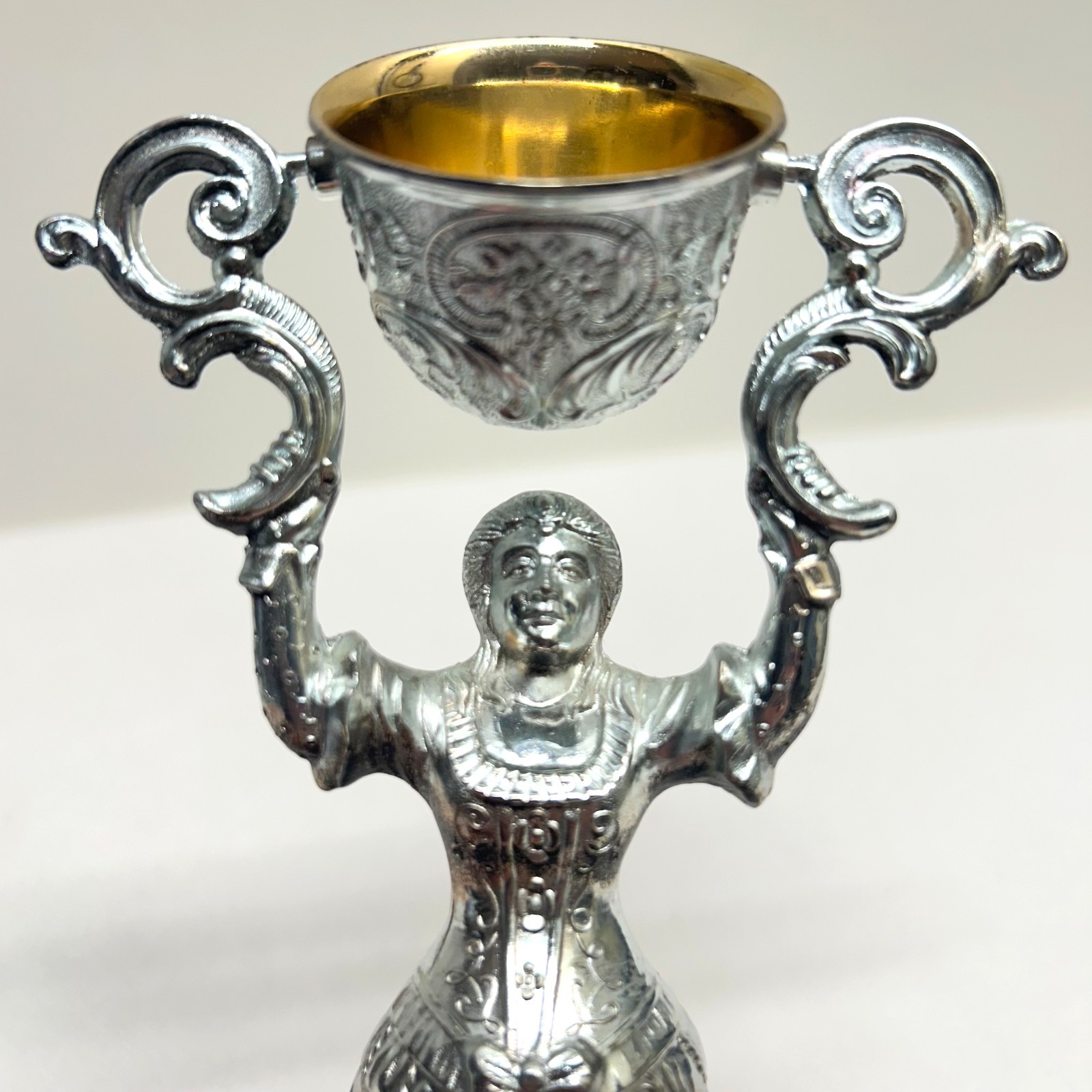 VTG Traditional Antiqued Silver Plated Wedding Cup German Chalice Lady Pink Gem