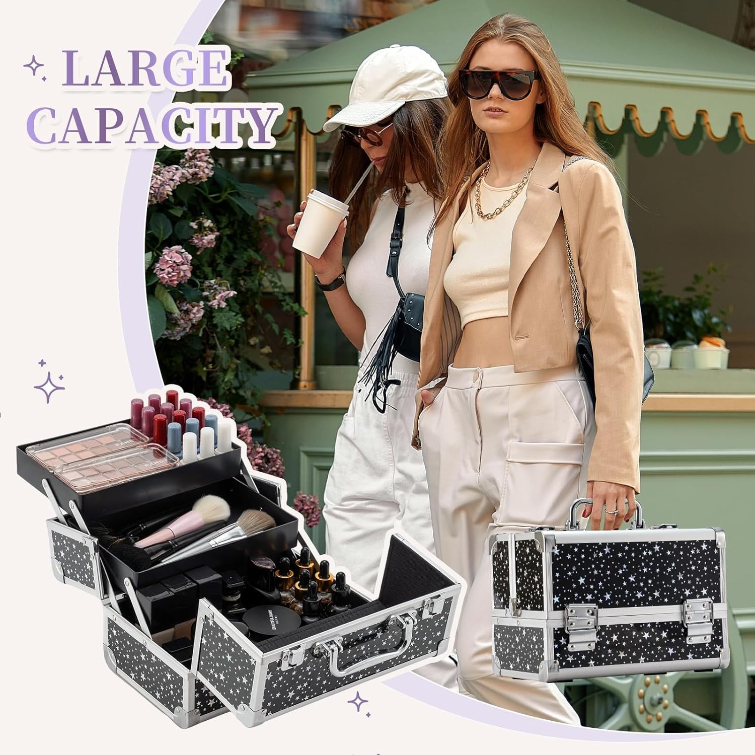 Portable Makeup Supply Train Case Cosmetic Organizer 2-Tier Storage Kit Travel